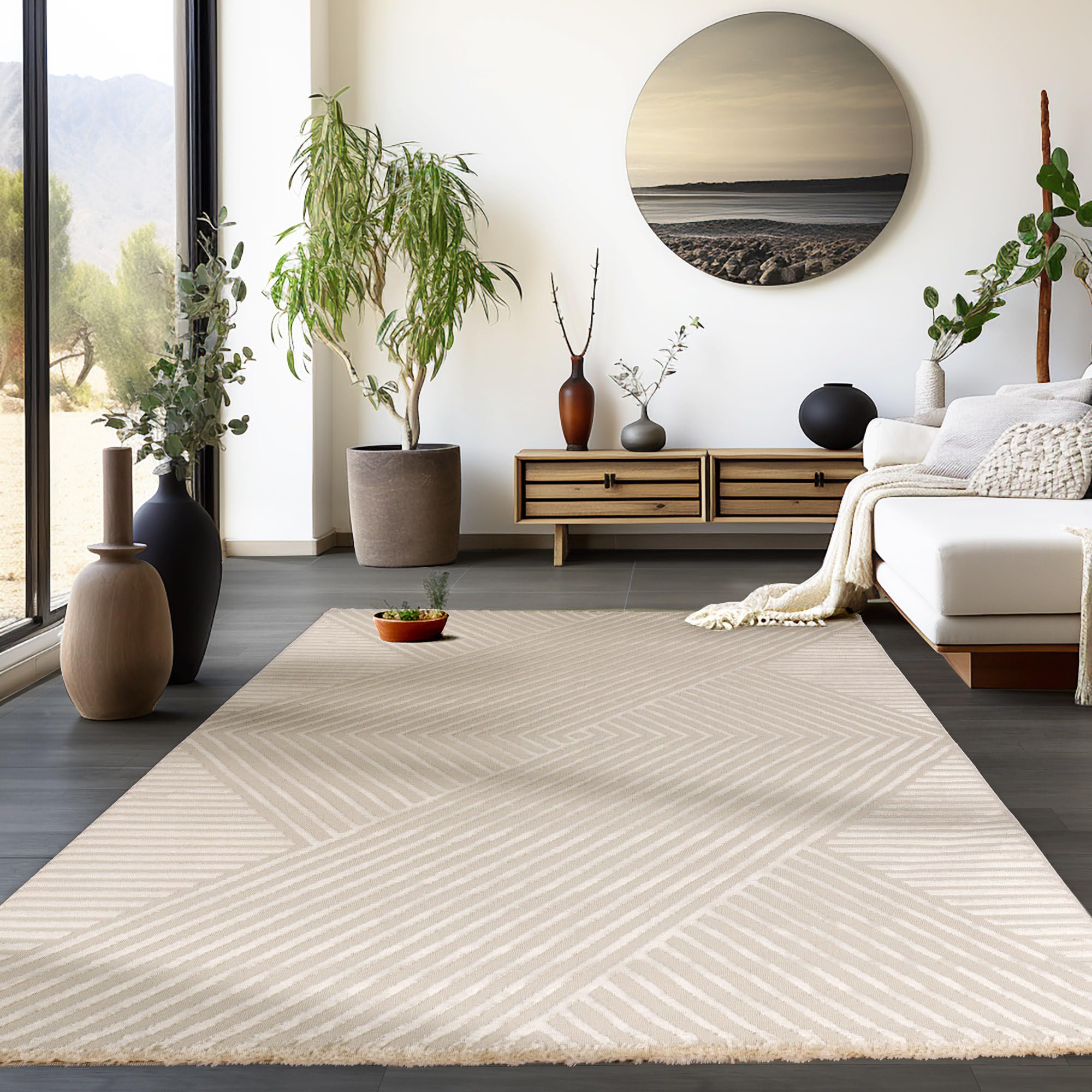 HomebyHome Alfombra de pelo corto para salón, 200 x 300 cm, color beige, 3D, estilo escandinavo, moderna, 200 x 290 cm, lavable, para dormitorio, cocina, diseño geométrico