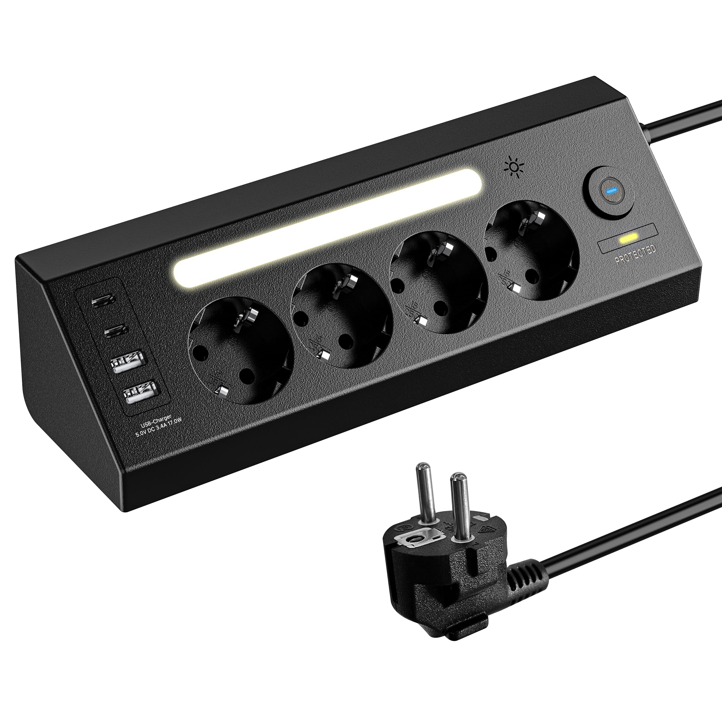 Ecke Steckdosenleiste,4 Fach Mehrfachsteckdose mit USB und 2 Type-C,90° Ecksteckdose Mehrfachstecker mit Schalter, Steckerleiste Überspannungsschutz,Wandmontage Verteilersteckdose mit LED,1.8M Kabel/S