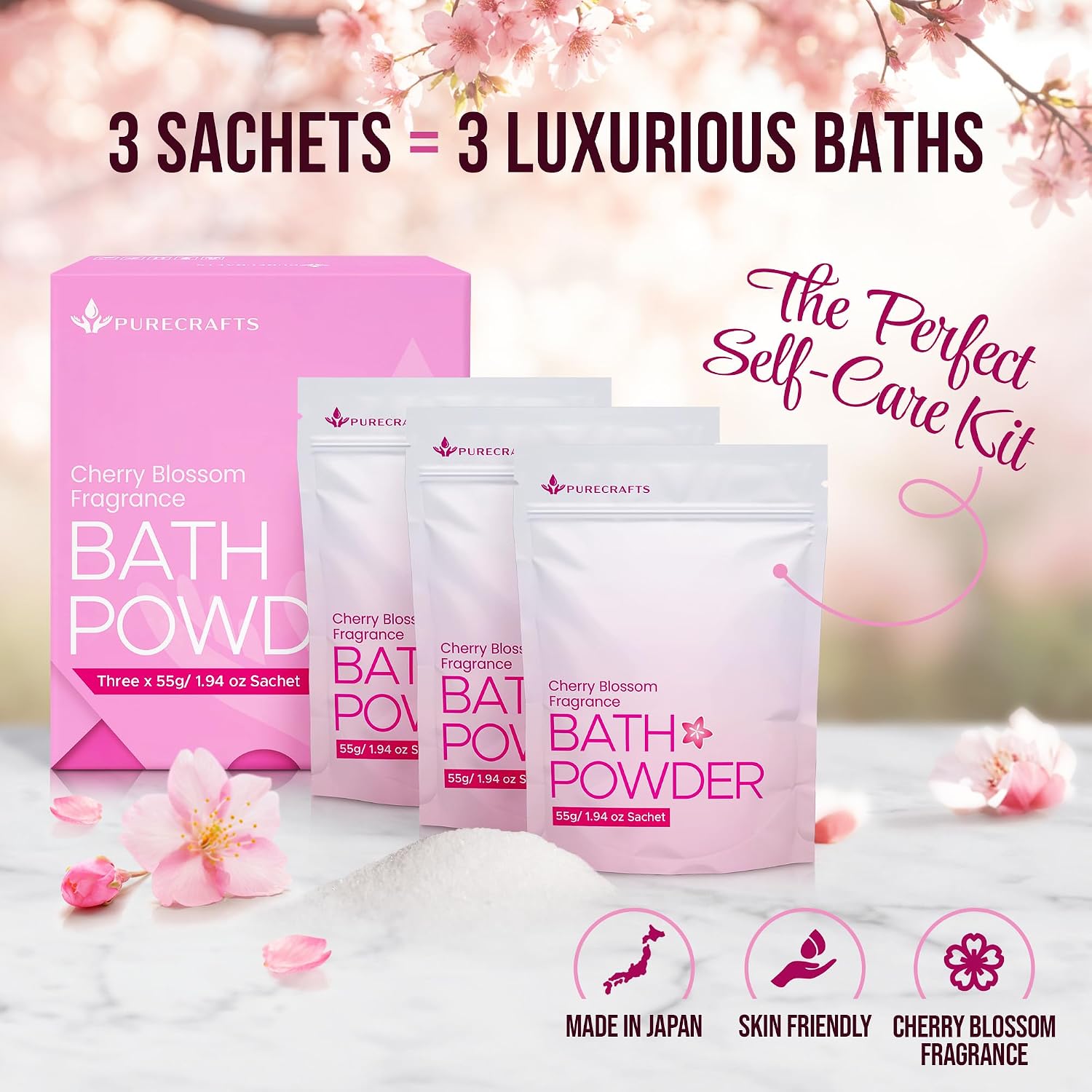 Silky Jelly Bath Powder – Cherry Blossom Sakura Fragrance | Transforms Water into Thick Smooth Jelly Soak | Botanical Spa Bath | Made in Japan | 3 x 55g Sachets