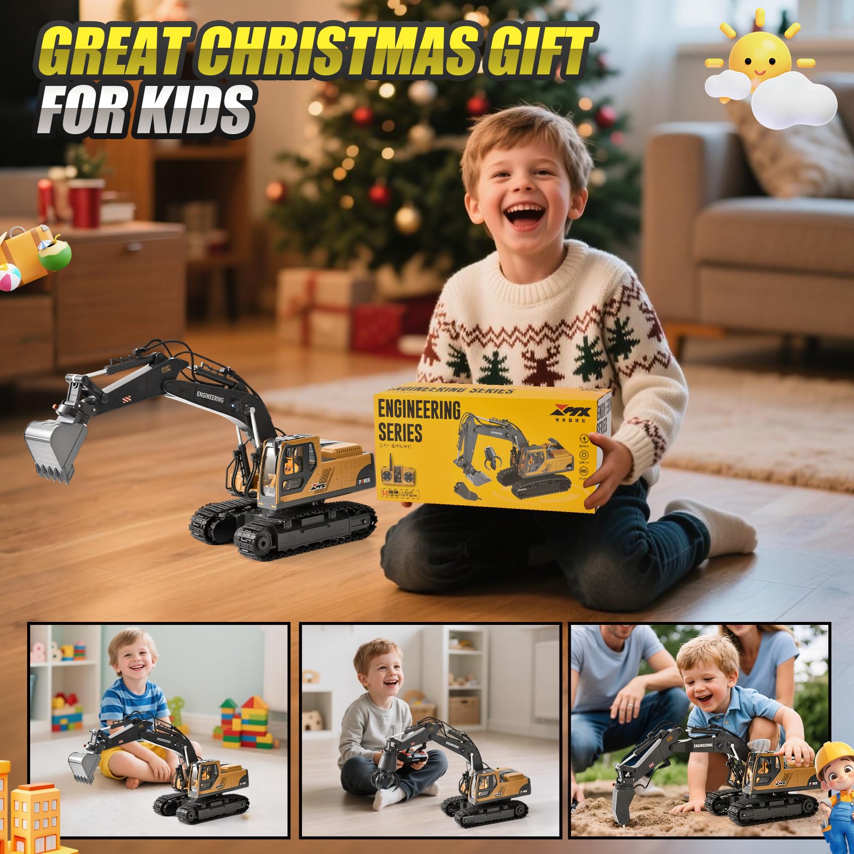 Excavadora RC 3 en 1 Radiocontrol con Cuchara Metálica Garra y Taladro 2.4GHz 14 Canales Rotación 680° Luces LED y 2 Baterías Juguete de Construcción Regalo para Niños 3-12 Años