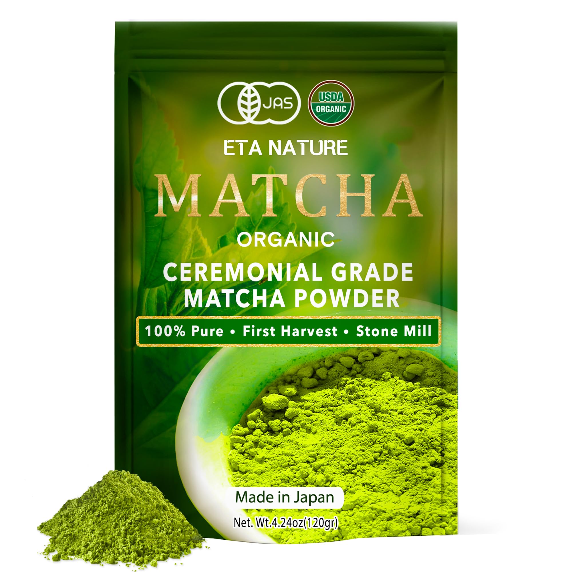 ETANATURE Premium Ceremonial Grade Matcha Powder - Matcha Green Tea Powder for Metabolism, Brain and Sleep - JAS Certified Matcha Grade from Japan