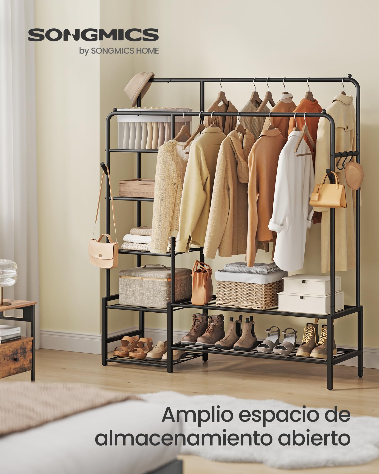 SONGMICS Perchero, Armario Abierto, con 7 Estantes, Estructura de Metal, Barra de Colgar, para Dormitorio, Salón, Entrada, Negro HSR182B01