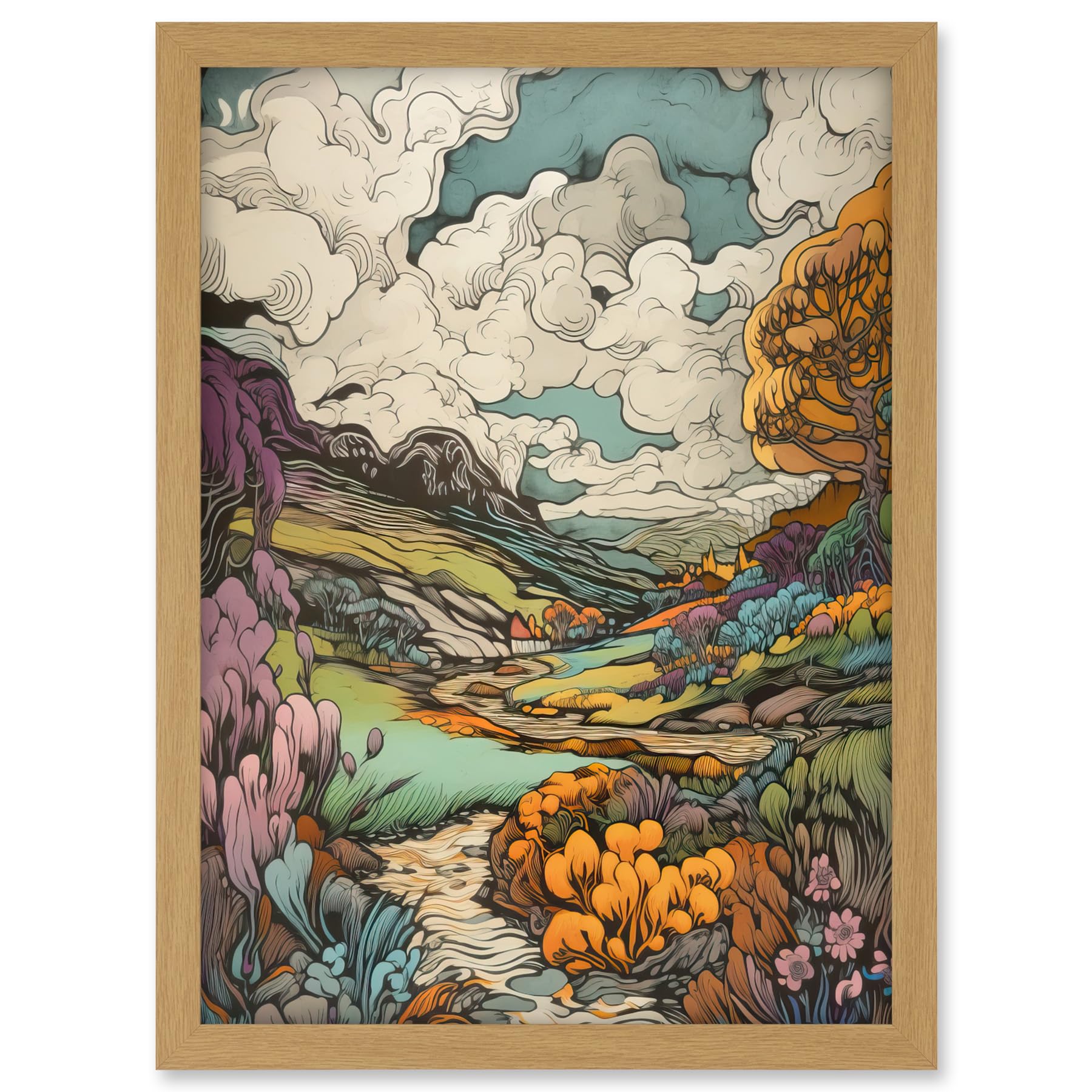 Artery8 Meadow River Multicoloured Landscape Illustration Artwork Framed A3 Wall Art Print