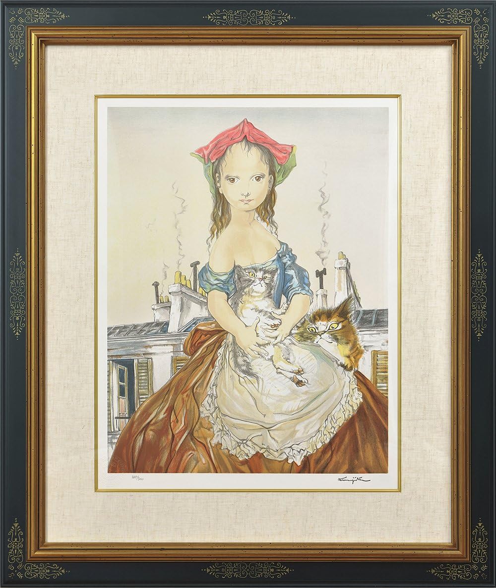 藤田嗣治 猫と少女 1951 Paris 石版画 リトグラフ 君代コレクション