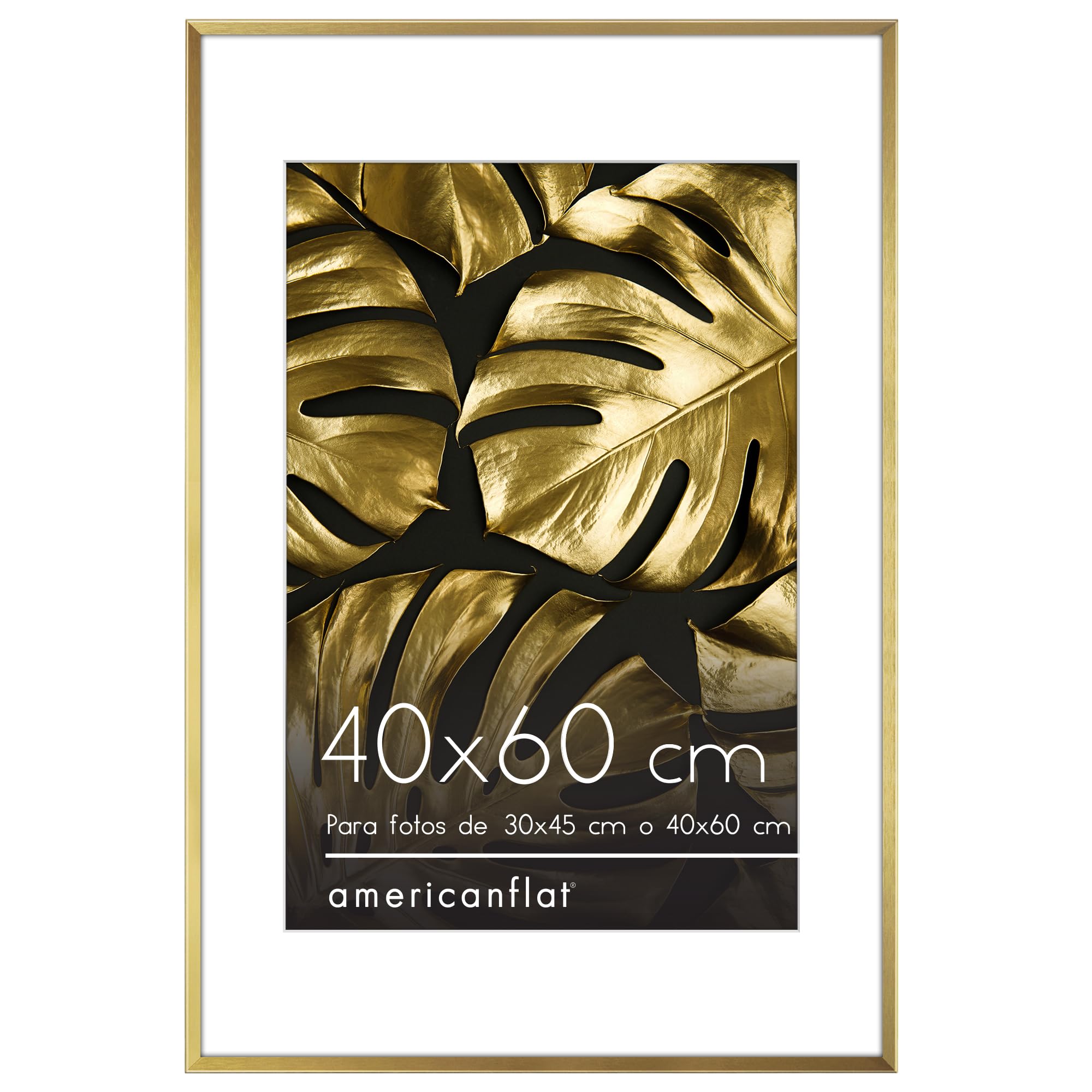 Americanflat Marco de Fotos 40x60 cm - Marco Fotos Aluminio Dorado para Póster para Usar como Portafotos de 30x45 cm Con Paspartú o 40x60 cm Sin Paspartú - Cristal Irrompible con Ganchos para Colgar
