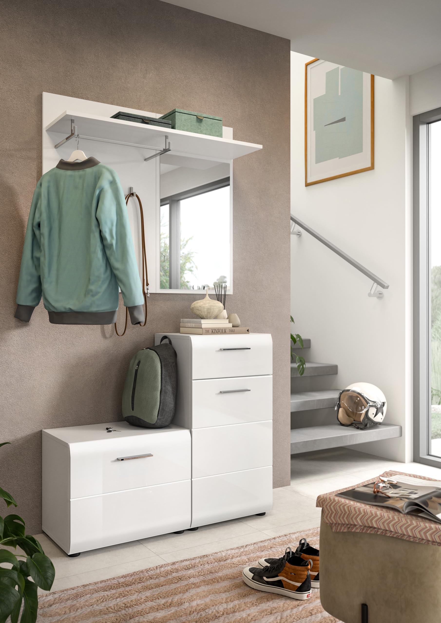 xonox.home - Garderobenkombination Ice 4 teilig 98x191x35 cm in Korpus weiß und Front weiß Hochglanz - Garderobenschrank Garderobenset Flurmöbel-Set Flursystem Stauraumlösung