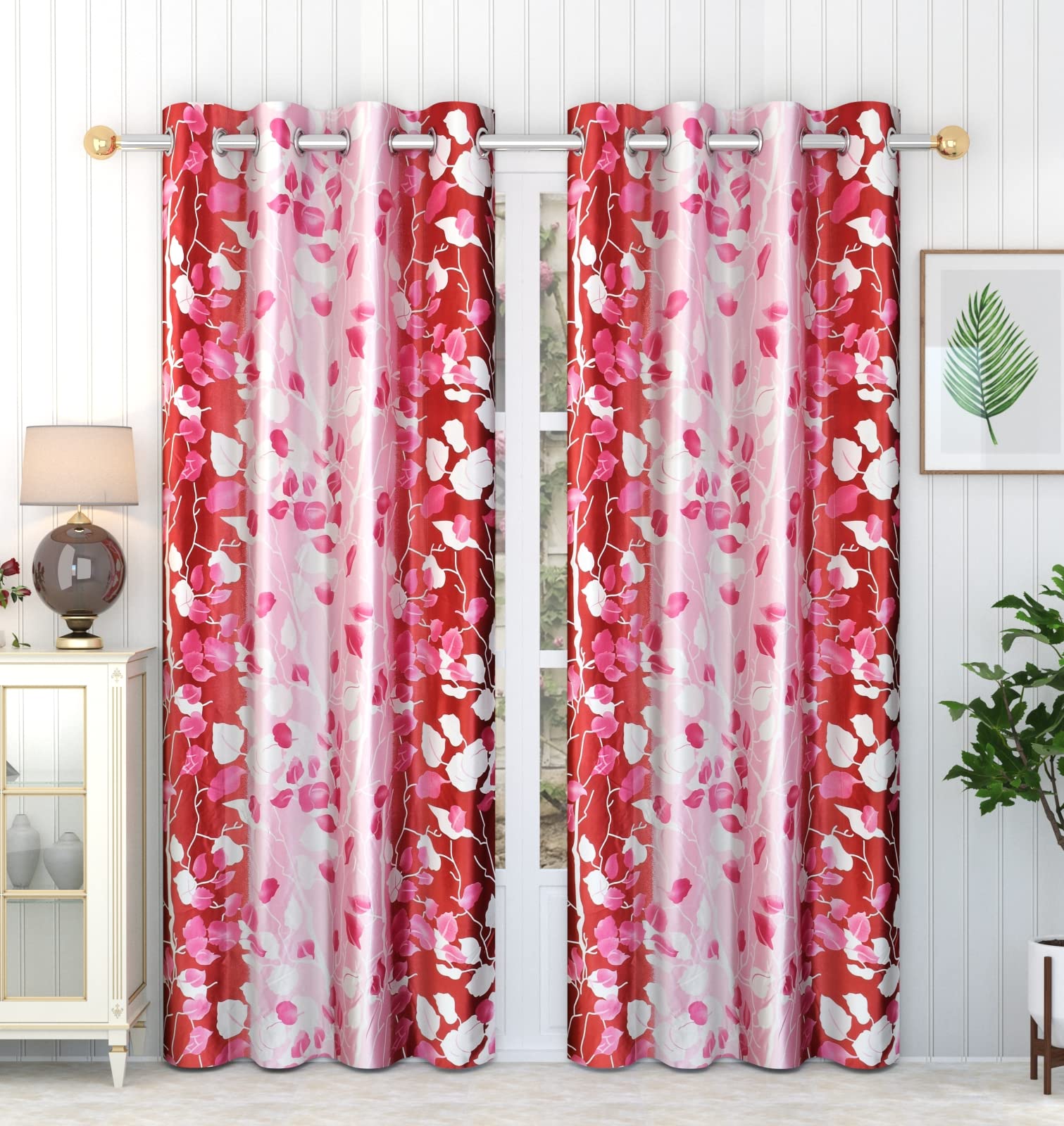 Excel Bazaar Floral Leaf Print Heavy Quality Maroon 9ft Long Door Eyelet Curtains Pack of 2