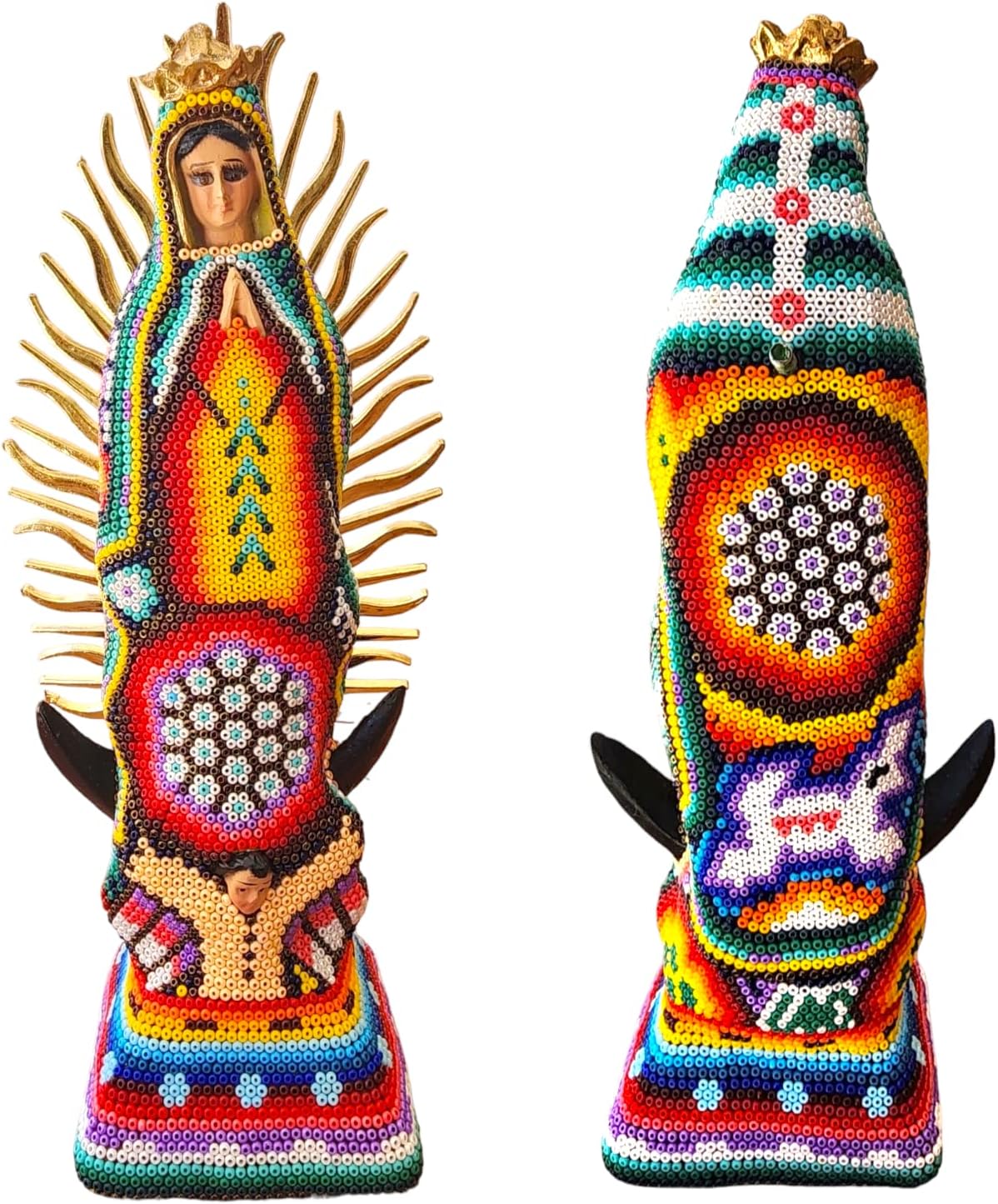 Our Lady of Guadalupe Statue Huichol Art Handmade Covered with Small