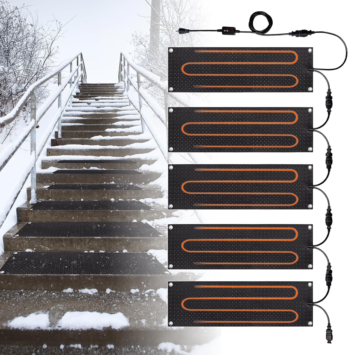 5 Pcs Heated Snow Melting Mat，Heated Outdoor Mats，10" x 30" Non Slip Rubber Heated Mat and 1 Power Unit ，for Winter Outdoor Stair Step Doorway Walkway Driveway Roof，Winter Snow