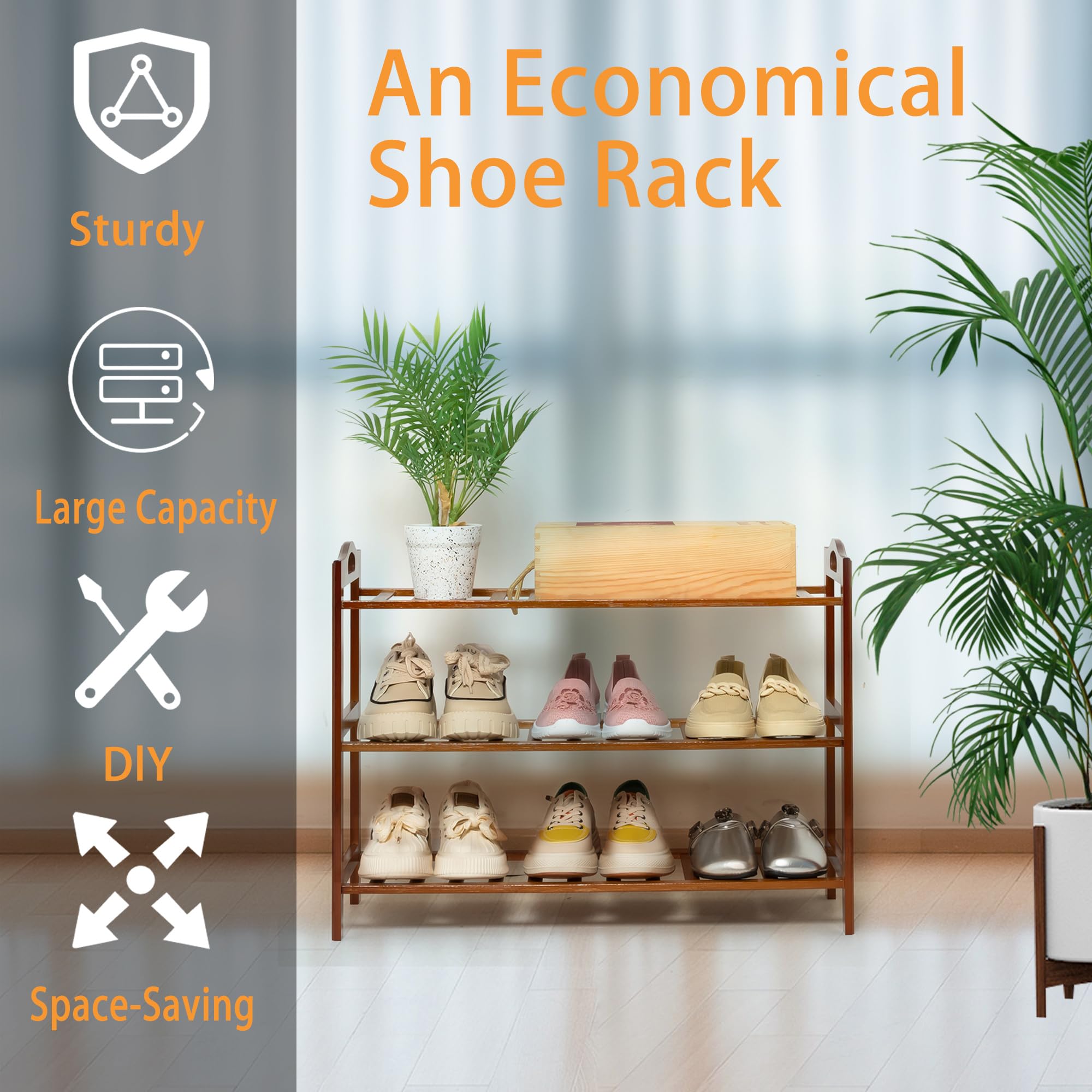 Zapatero de bambú de 3 niveles, estante para zapatos, organizador de zapatos para armario, entrada, dormitorio, sala de estar, puerta delantera, estudio, baño 3