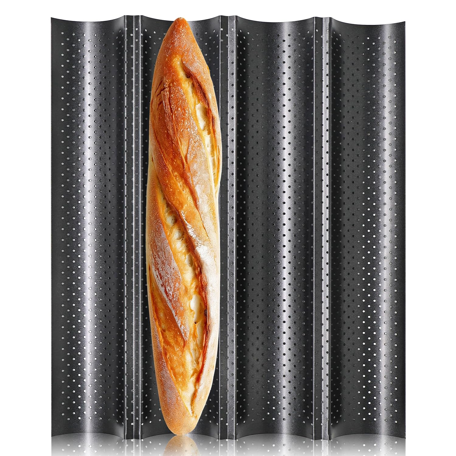 YuleNova Baguette Baking Tray French Bread Pan 4 Baguettes Baking Molds, Waves French Bread Tin Cooking Tray Mold, Perforated Baguette Tray for Home Baking