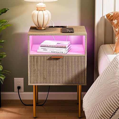 Miniatura 12 de Moderna mesita de noche con estación de carga y luces LED, mesita de noche negra con cajón, mesita de noche acanalada para sala de estar, dormitorio