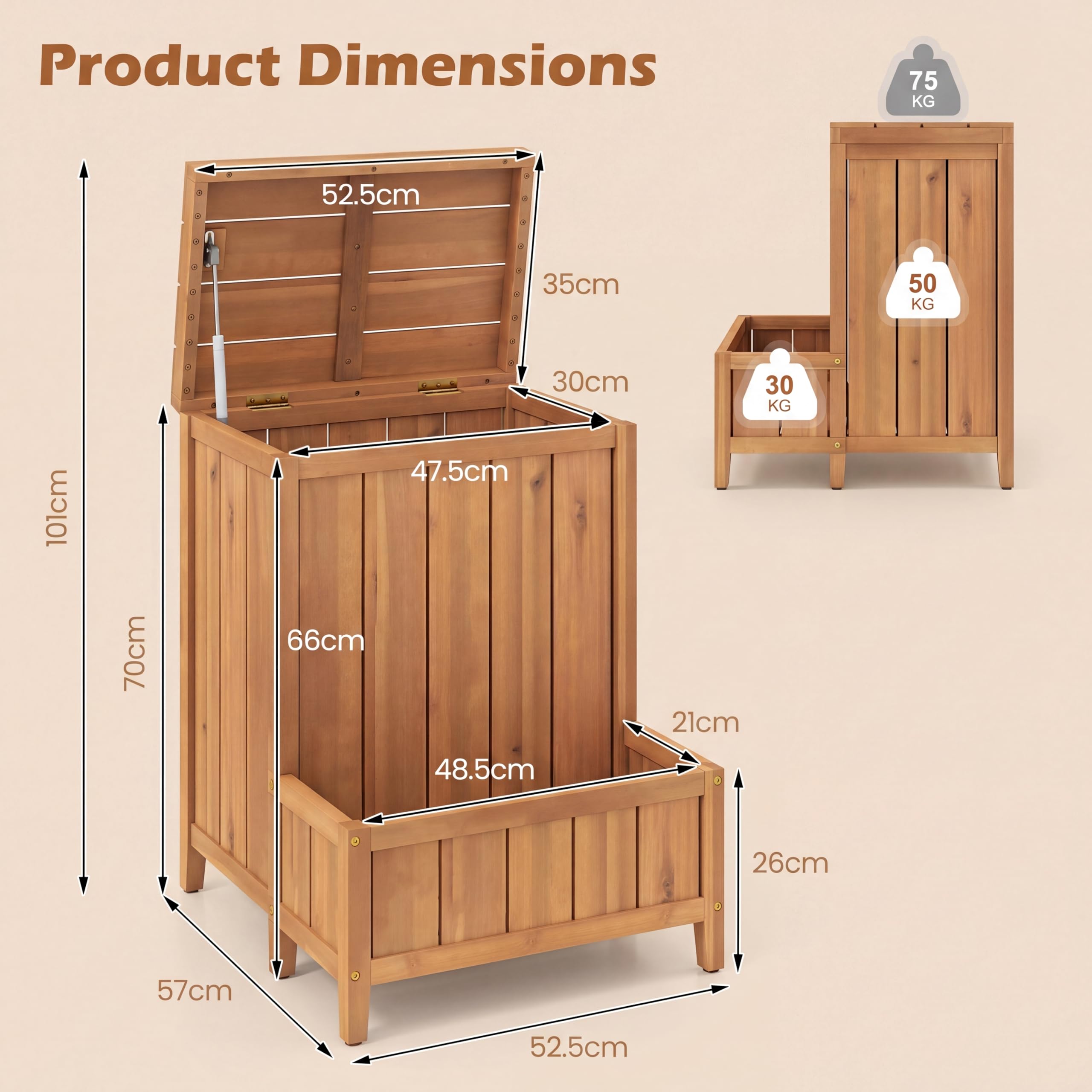 GOPLUS Arcón Exterior con Macetero, Caja de Madera de Acacia con Jardinera, Tapa con Pistón de Gas y Patas Elevadas, Baúl de Almacenaje para Porche, Jardín y Entrada, 57 x 52,5 x 70 cm