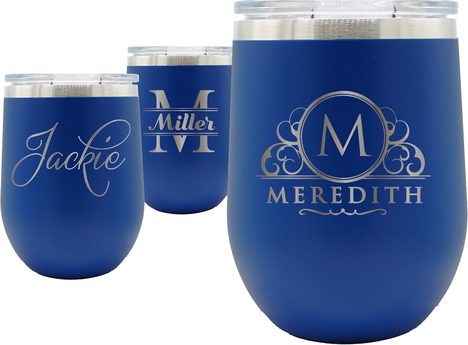 The Wedding Party Store Personalized 12 oz Insulated Stemless Wine Tumbler - Custom Engraved and Monogrammed (Royal Blue)