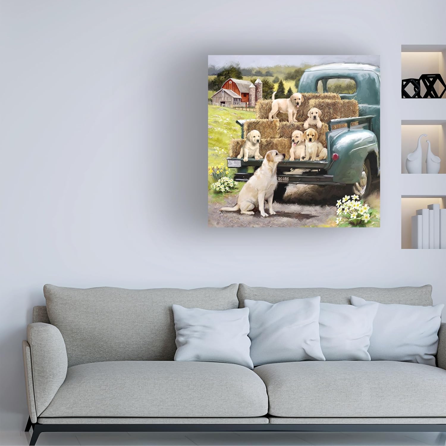 Wrapped Canvas Wall Art - The Macneil Studio 'Green Truck Pups' Wall Art for Living Room, Bedroom, or Office Décor - 24x24