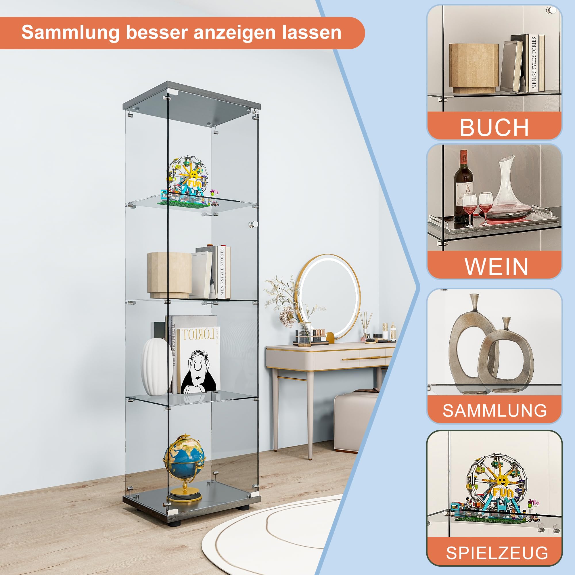 FANYUSHOW Glasvitrine Standvitrine in Schwarz, Modern Glas Holz Vitrine 4-Lagen Vitrine aus Glas für Sammlerstücke Bücher Wein, für Büro Wohnzimmer Küche, 164x42.5x36.5cm