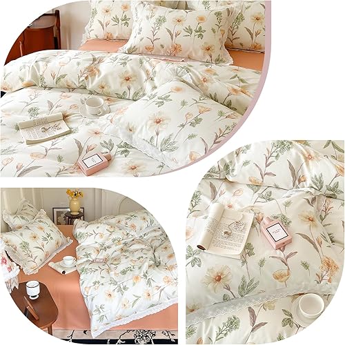 Miniatura 5 de OTOB Juego de funda de edredón floral, tamaño Queen, color beige, 100% algodón, con cierre de cremallera, 4 lazos para todas las estaciones, funda