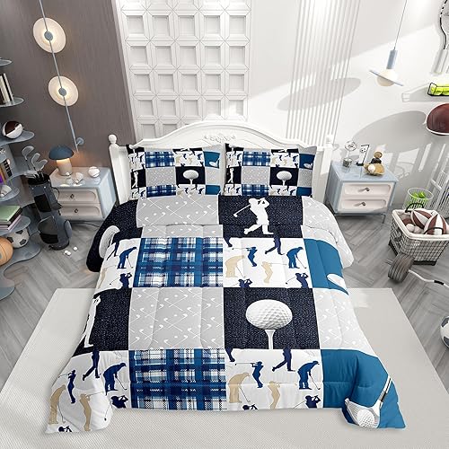 Castle Fairy Juego de edredón de deportes de pelota, tamaño individual, juego de ropa de cama con temática de golf para niños y hombres, juego de