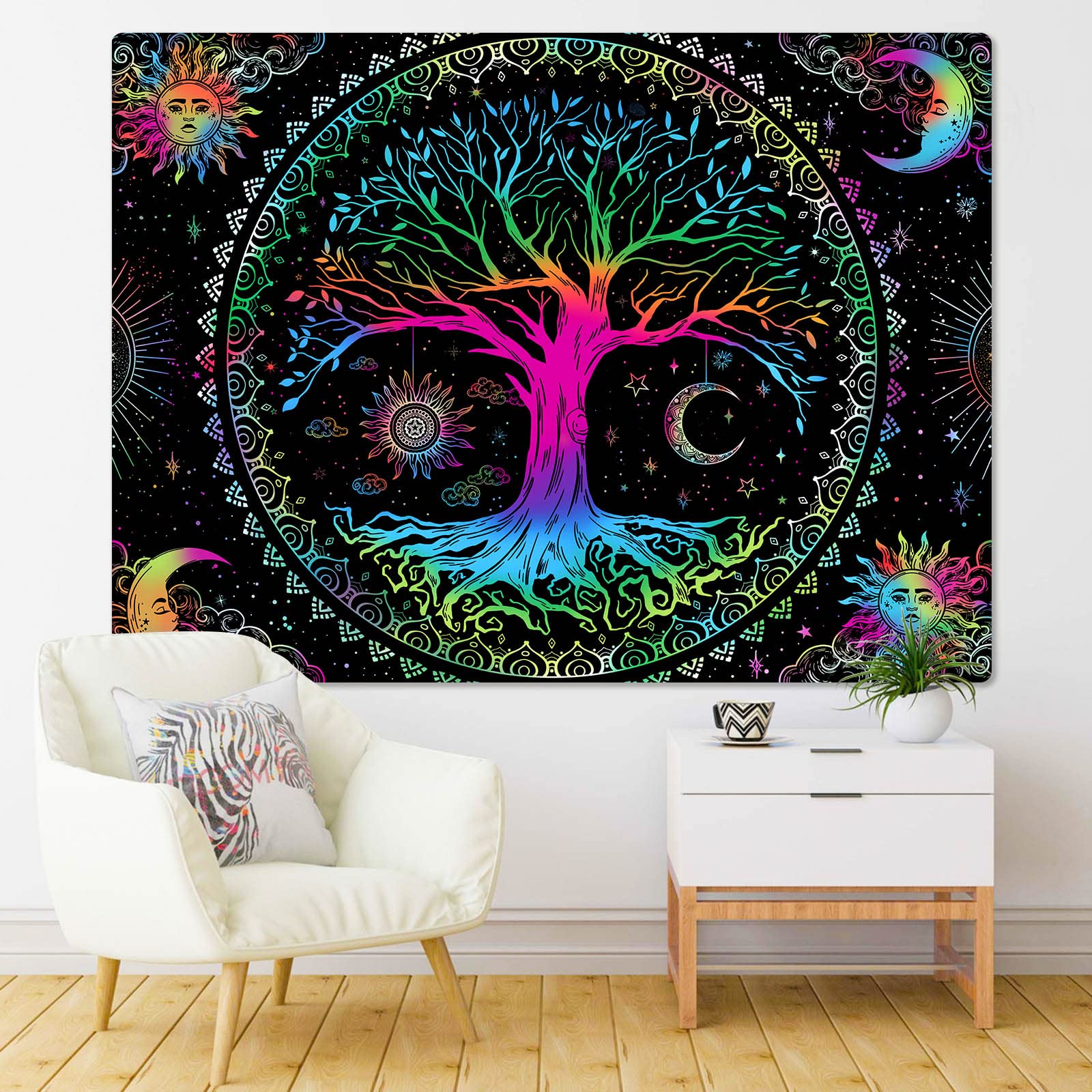Tapzen Arazzo Albero Della Vita Con Luna E Stella - Bohémien Per Camera Da Letto, Soggiorno, Dormitorio - 228,6x178,8 Cm
