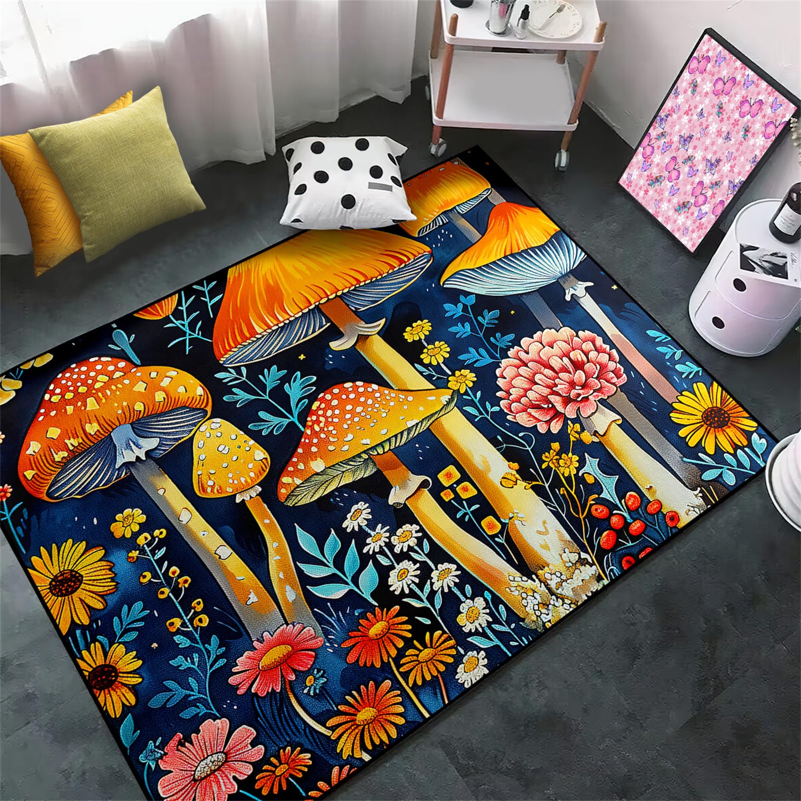 Mushroom Area Rug for Girls Bedroom - Mushroom Pattern Carpet Decor Cartoon Rugs for Living Room Playroom Nursery Decor,3'×4'
