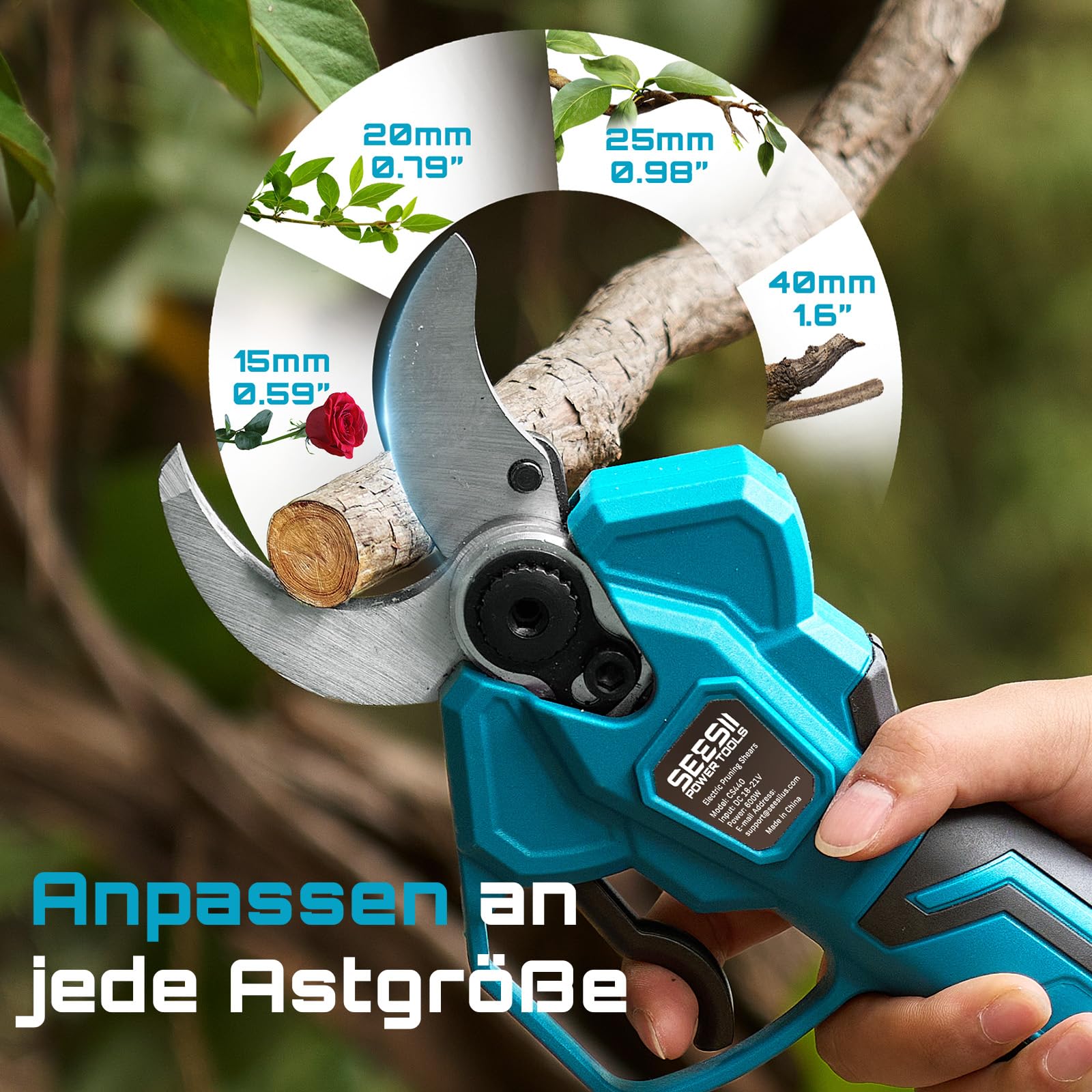 SEESII Akku Astschere 40 mm – Elektrische Gartenschere mit 2 * 4000 mAh Akkus, SK5-Klinge, Bürstenlosem Motor, LCD-Anzeige, Für Obstgärten, Landschaftspflege und Professionelle Gartenarbeiten, CS440