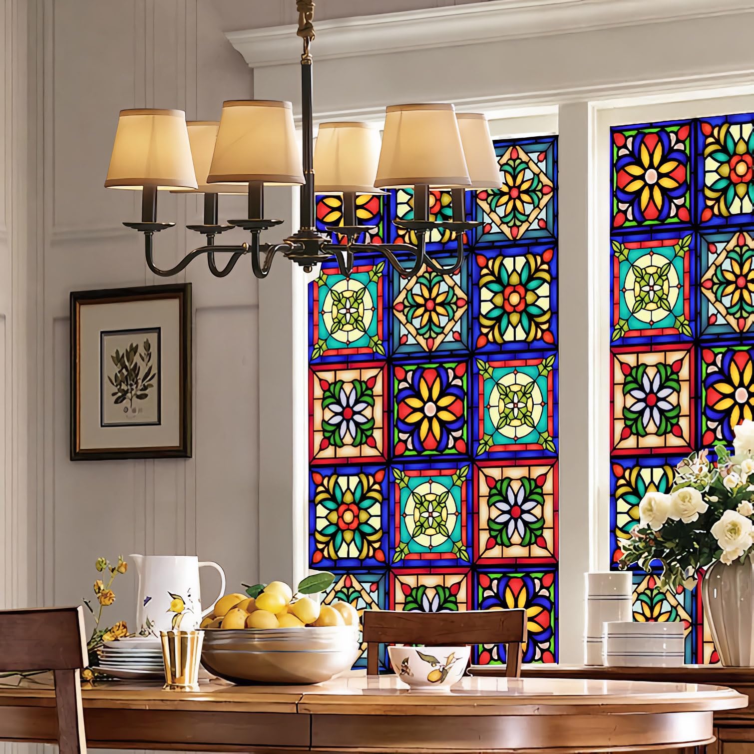 Heimerdinger Talavera Privacy Window Film - 17.7"x78.7" Static Cling, No Glue Design with UV Protection for Bathroom & Shower, Mexican Style Decorative Glass Cover