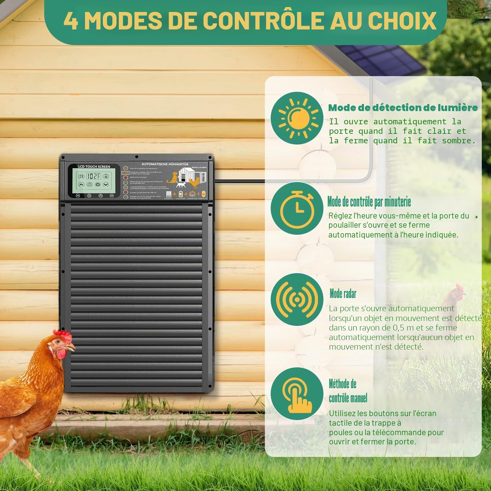 Clapet automatique à énergie solaire et USB, en aluminium, avec capteur radar, minuterie, capteur de lumière, grand écran, télécommande, étanche, noir