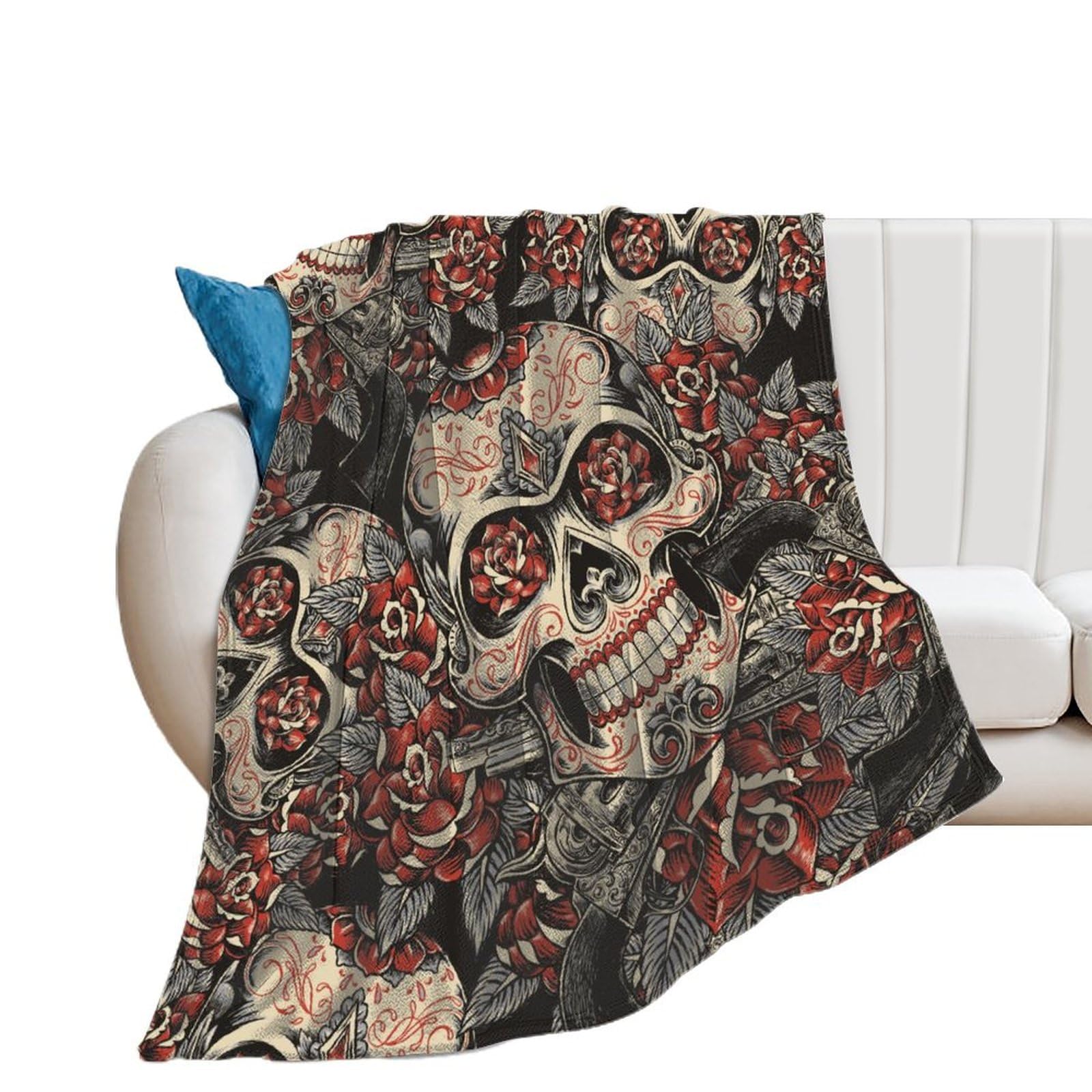 Couverture polaire crâne floral en flanelle douce 150x200cm pour lit et canapé