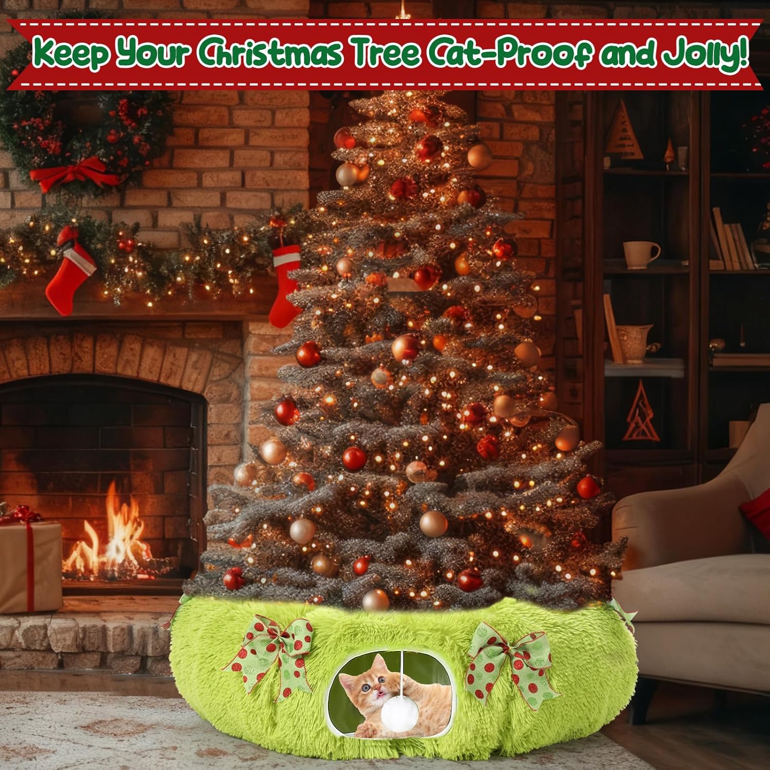 Soulchen Green Plush Christmas Tree Cat Tunnel Bed for Indoor Cats, Under Christmas Tree Soft Plush Cave Large Donut Tunnel with Soft Mat & Bow 3-in-1 for Indoor Cat Kitten Puppy Ferret