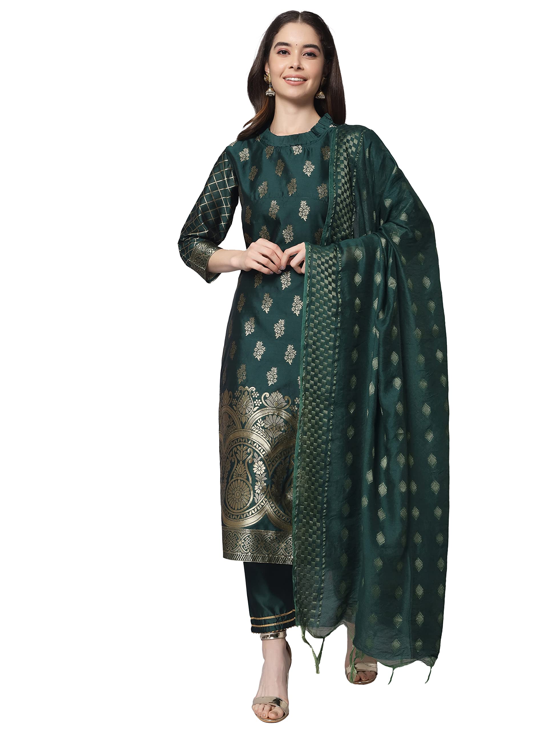 VredeVogel Women's Cotton Silk Jacquard Kurta Pant with Banarasi Silk Dupatta Set