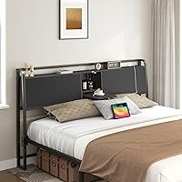 MAHANCRIS Queen Size Black Headboard with 2 Outlets & 2 USB Ports, Flip Door Storage, Height Adjustable, Industrial Style