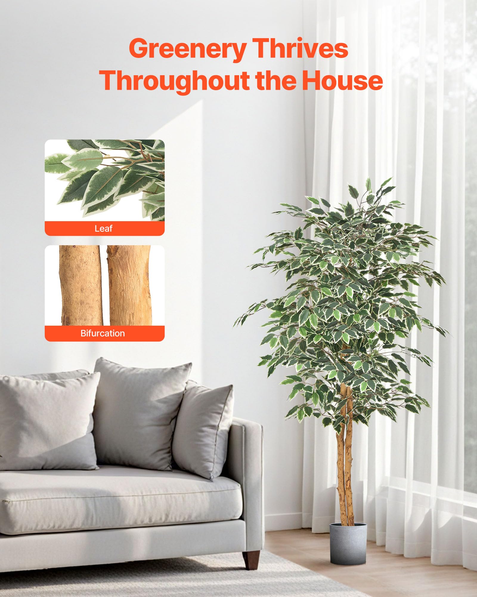 VEVOR 150 cm Albero di Ficus Artificiale con Vaso Nero, Albero Finto Alto con Tronco in Legno Naturale e Foglie e Frutti Verdi Realistici, Pianta Artificiale da Interno per Casa, Ufficio, Soggiorno
