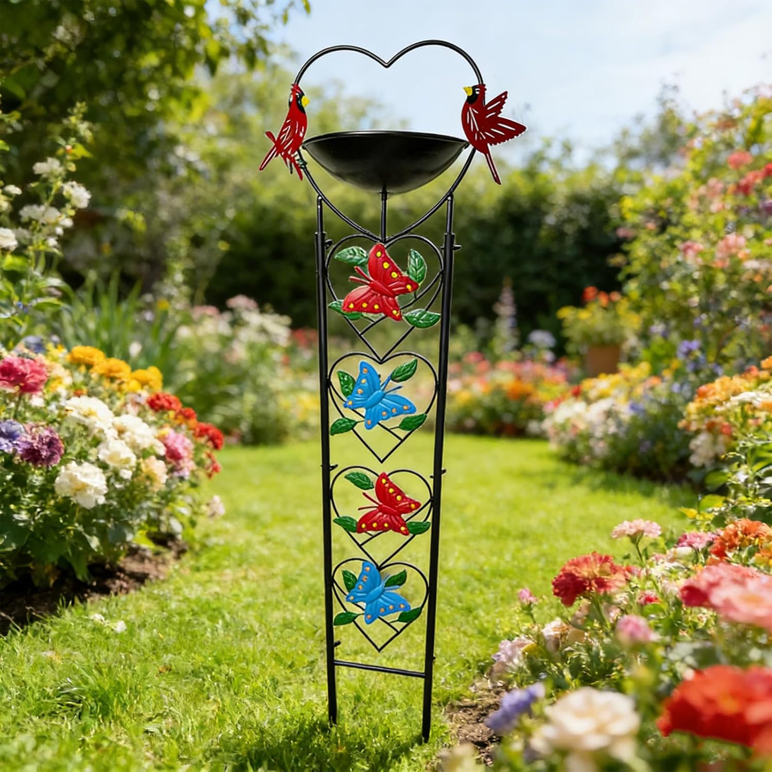 Bird Feeder with Garden Trellis for Climbing Plants Outdoor, Bird Bath with Flower Trellis, Metal Butterfly for Garden Decor, 37x10 inch