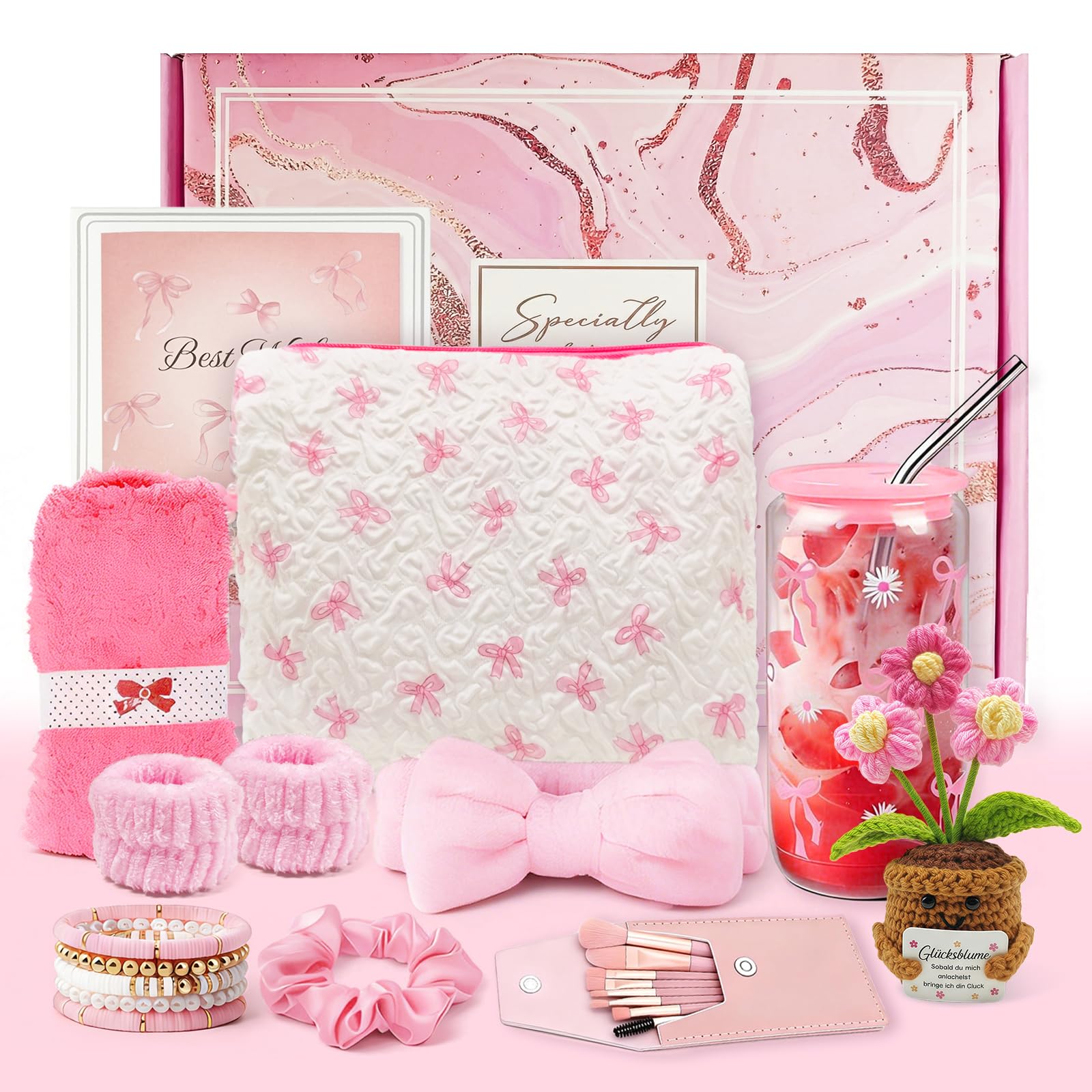 Regali per ragazze adolescenti 9 10 11 12 13 14 15 anni, regali di compleanno e Natale per ragazze e donne, bicchiere con cannuccia, pennello per trucco, borsa per cosmetici, bracciale, calze e fascia
