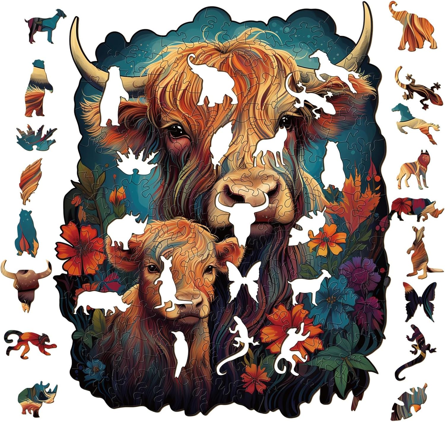 Wooden Puzzles for Adults, Cattle Jigsaw Puzzle with Unique Animal Shapes, Wooden Puzzle with Wood Puzzle Box, Christmas Birthday Puzzle Gifts(9.2 * 11.4in 200pcs)