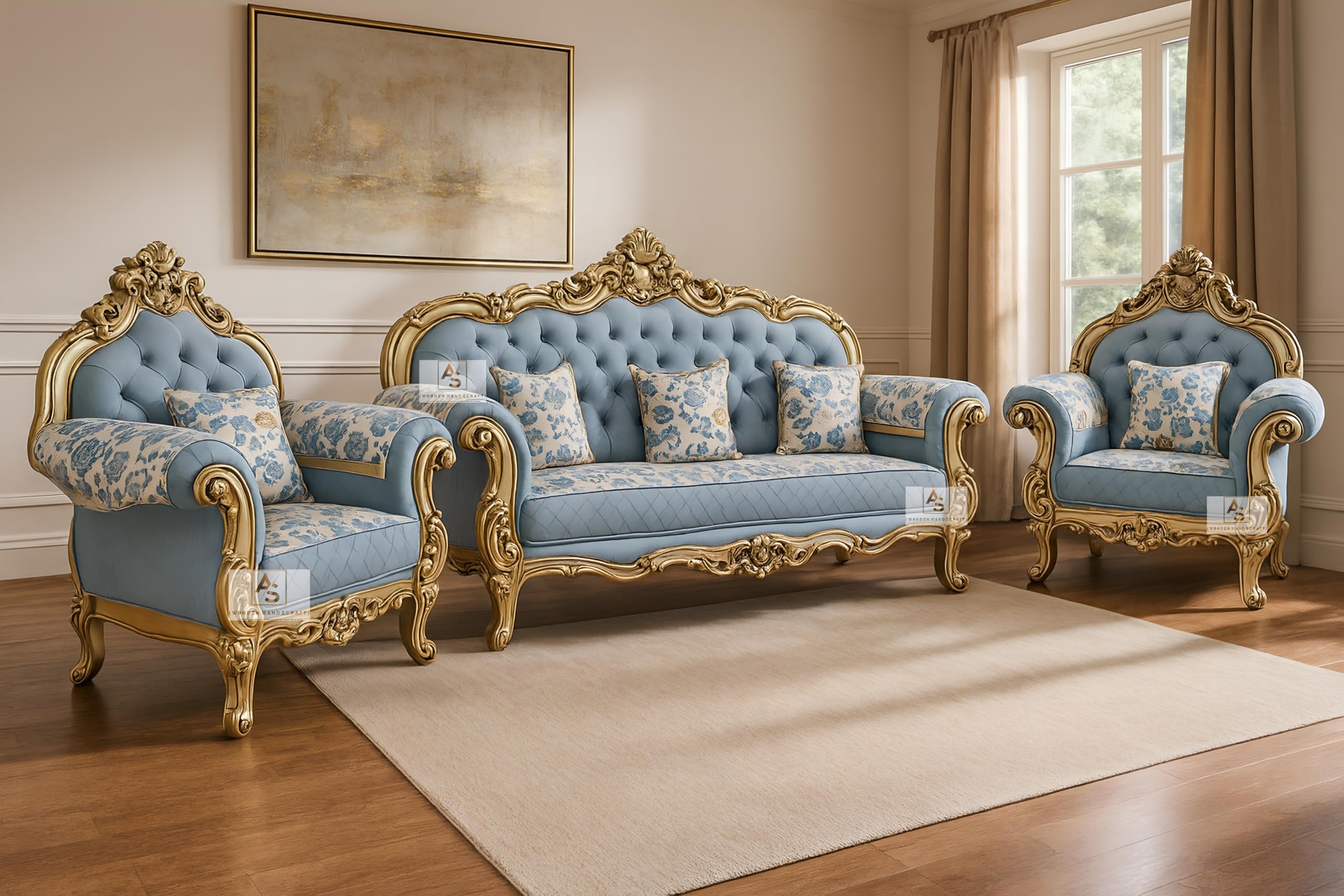 Royal Carved Wooden Sofa Set | 3+1+1 Seater | with Floral Tufted Blue Upholstery with Maharaja Carving | Victorian Style Furniture Tufted Sofa Set Antique Gold-image-25