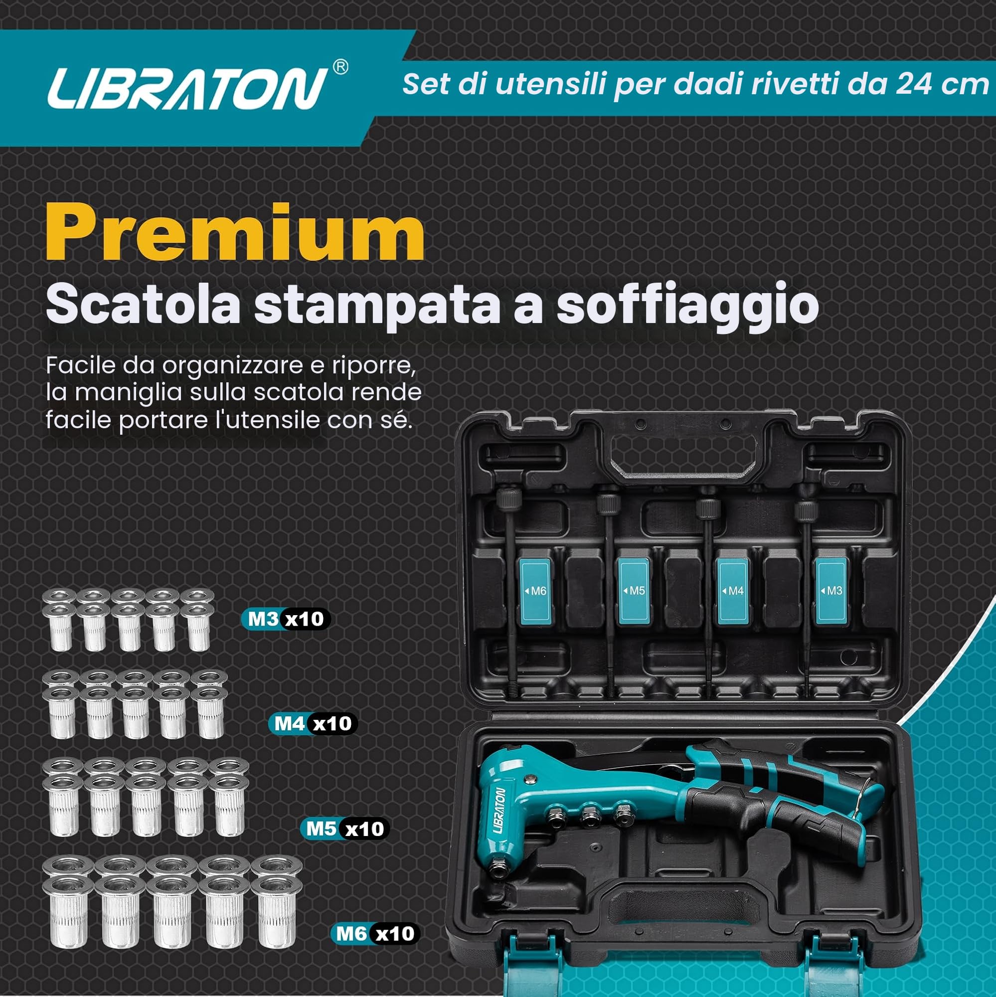 Libraton Dado Rivettatrice Professionale da 9,5", Pistola per Rivetti Inserti Filettati, Pinza Manuale a Rivetti Dadi, con 40pz Dadi M3, M4, M5, M6, Mandrini Intercambiabili 4pz, per Inserti Filettati