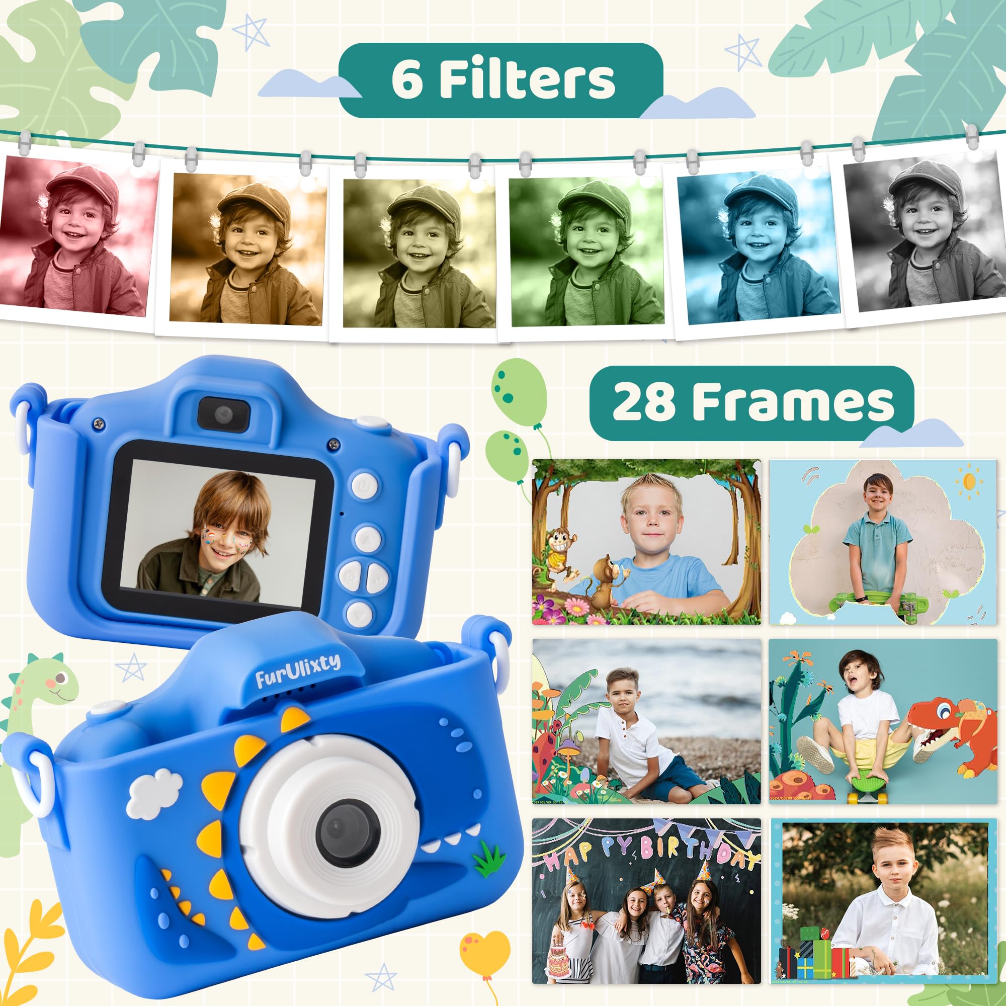 FurUlixty Upgraded Kids Camera Toys - Kids Digital Camera with Soft Silicone Cover, 1080P HD Selfie Video Camera for Boy Girl Toddler, with 64G SD Card, 3Hrs of Ultra-Long Battery Life (Blue Dinosaur)