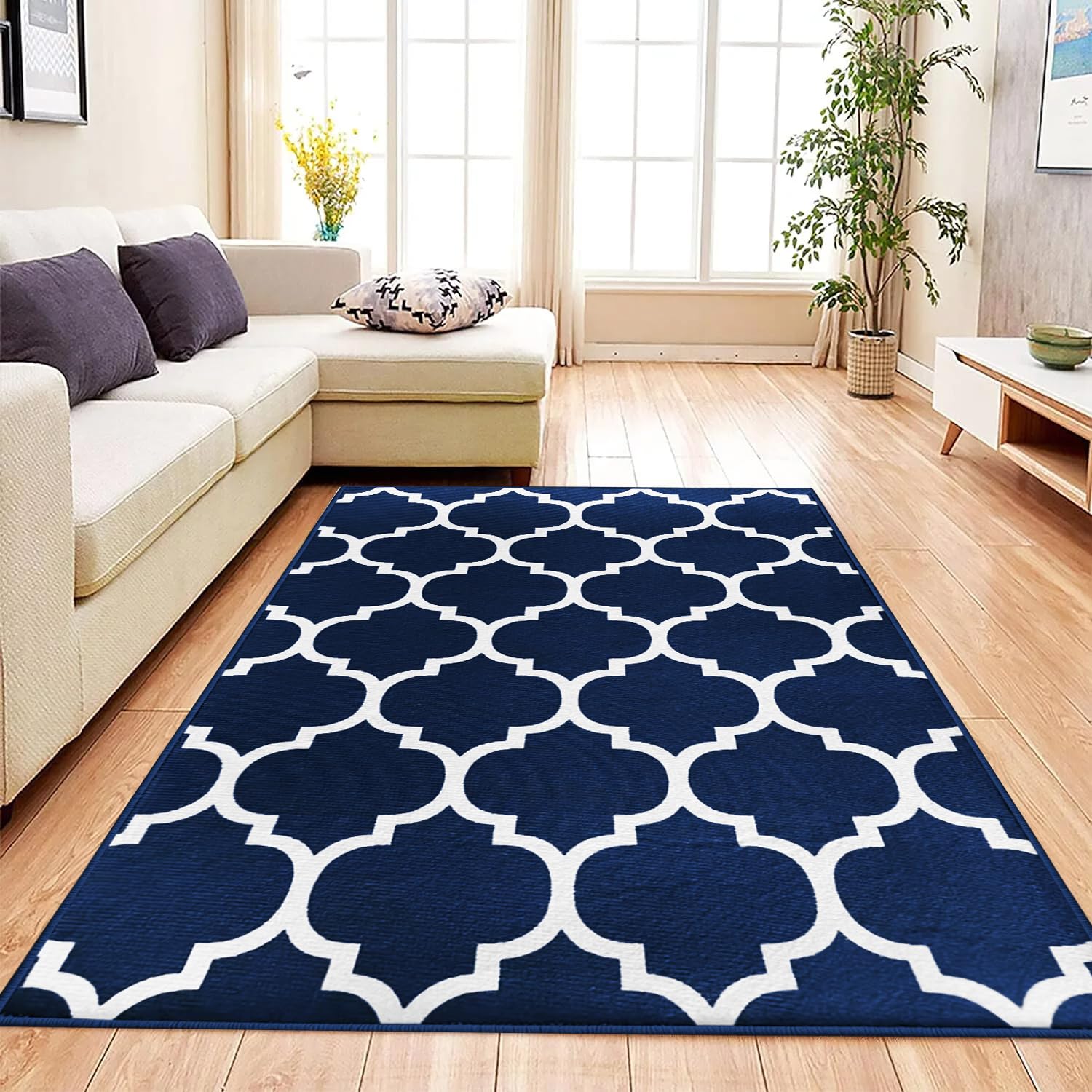 Aspire Homeware Rugs living room blue Bedside Rug 80 x 150 cm – Non-Shedding Short Pile Floor Carpets for bedroom Lounge – Super Soft Trellis Style Printed Navy Rug (Ava Navy)