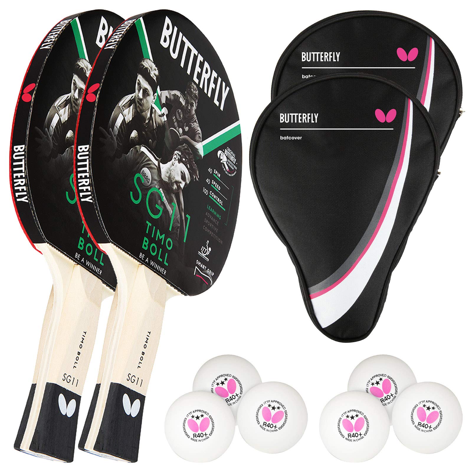 Butterfly Timo Boll 2 x SG11 Tischtennisschläger + 2 x Tischtennishülle Drive Case + 2 x 3*** ITTF R40+ Tischtennisbälle | Tischtennisschlägerset | Tischtennis Hobby Set