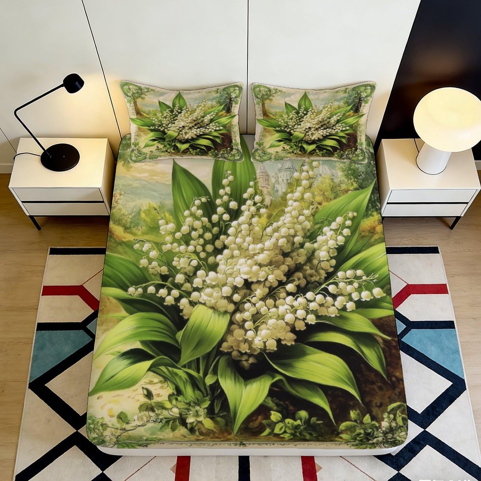 3D Printed Lily of the Valley Fitted Sheet Microfiber Green Nature Art Mattress Cover for Bedroom Guest Room Decor 117 90x200x25cm