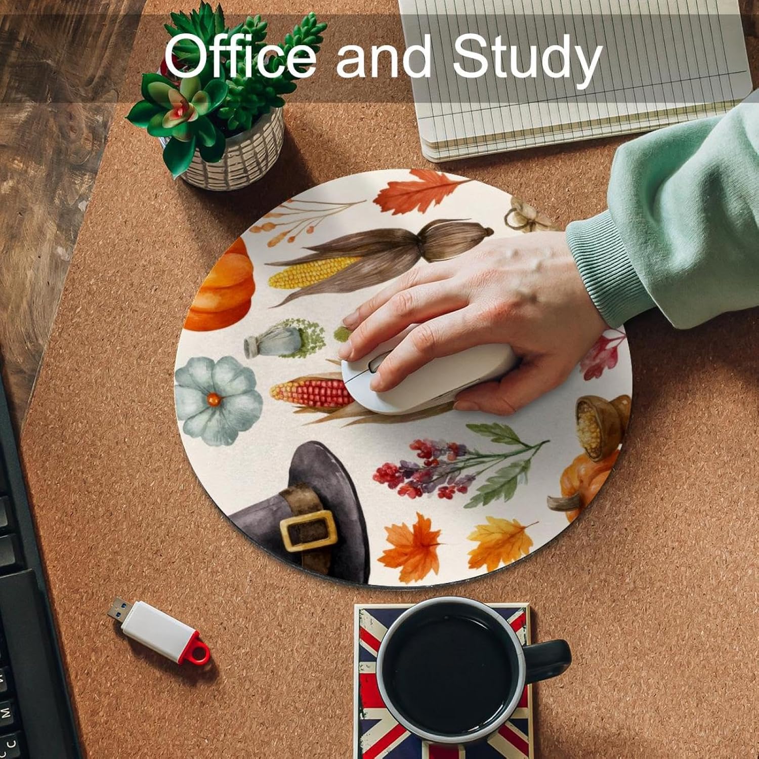 Round Mouse Pad for Women Men, 10’’ Round Desk Pad Mousepad Non-Slip Rubber Base, Office Home Laptop Accessories, Thanksgiving Watercolor Clipart Set image 5