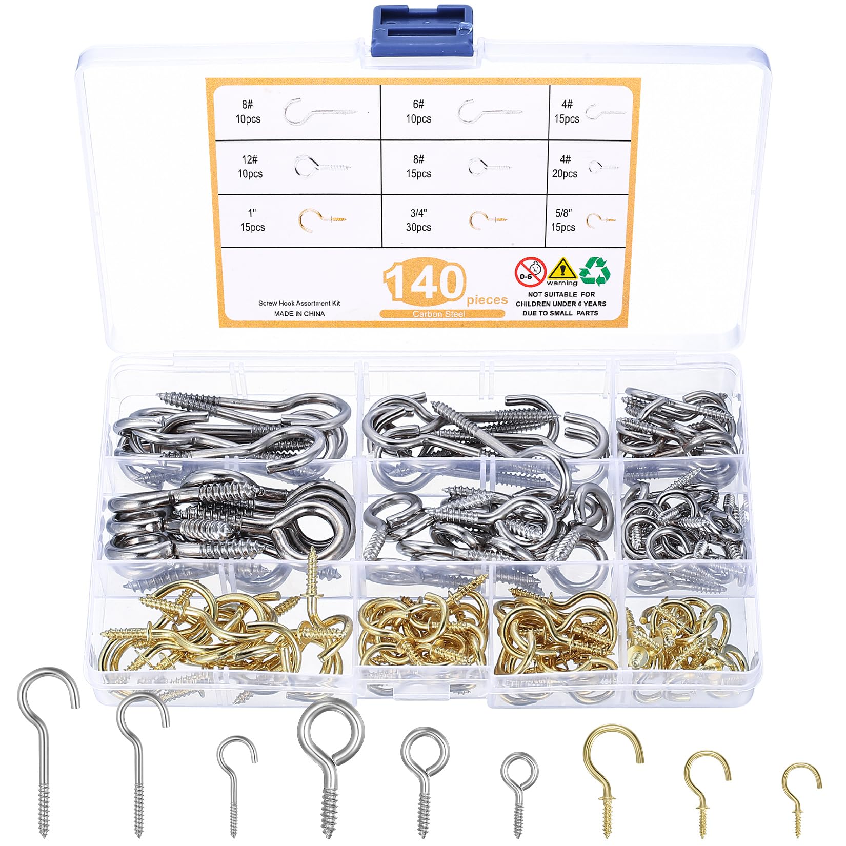 Set of 140 Screw Hooks Set, Hook Screws Assortment, Stainless Steel Screw-In Hooks, Screw Hooks for Screws, Eye Screws with Wood Thread, Eye Hooks, Screw Eyelets, Ring Screws for Cups, Lamps