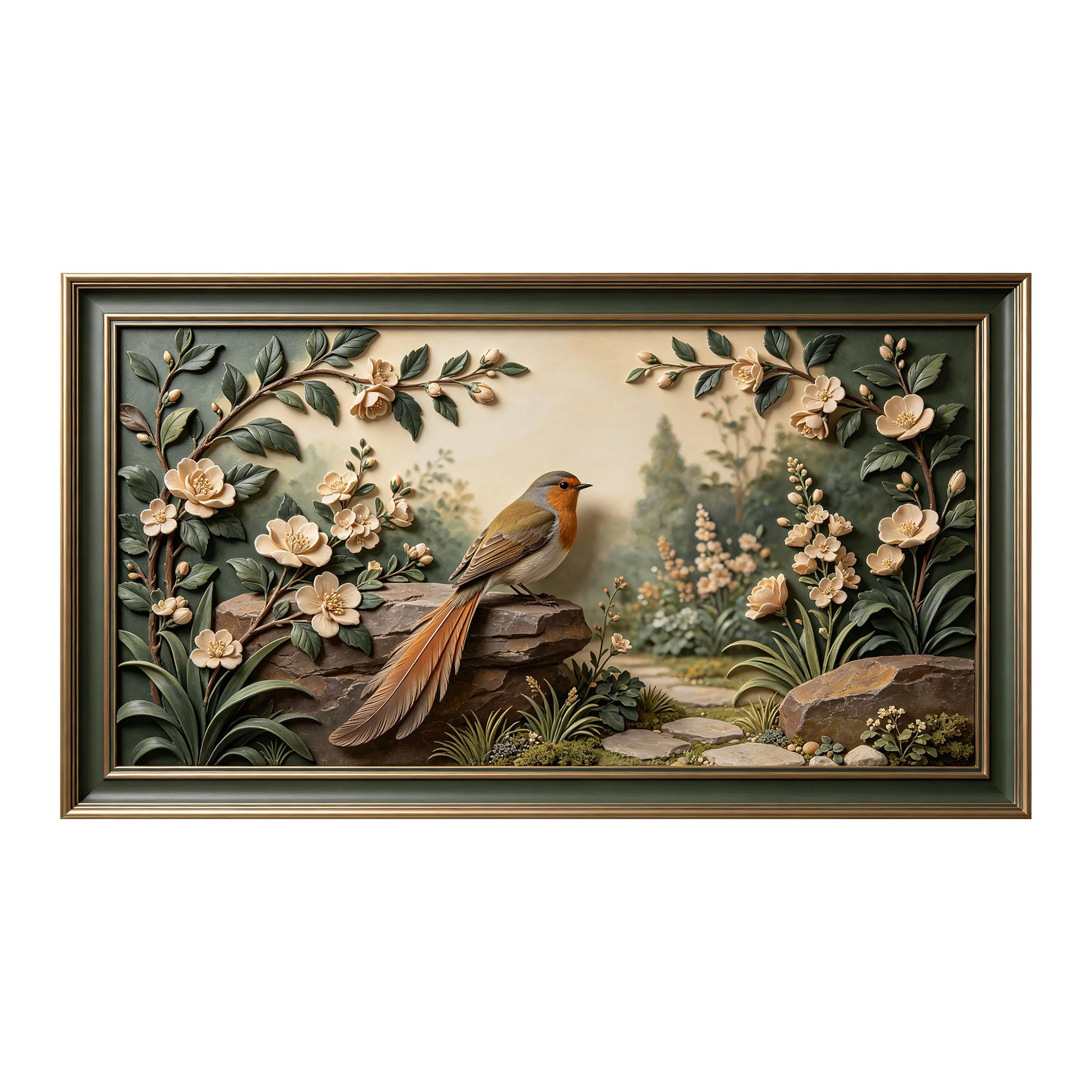Yzpallescene 3D 3D Framed Wall Art 50cm×90cm Botanical Bird Floral Pastoral Oil Painting Large Size SelfAdhesive Removable Wall Decor Prints Artwork for Living Room Bedroom Office