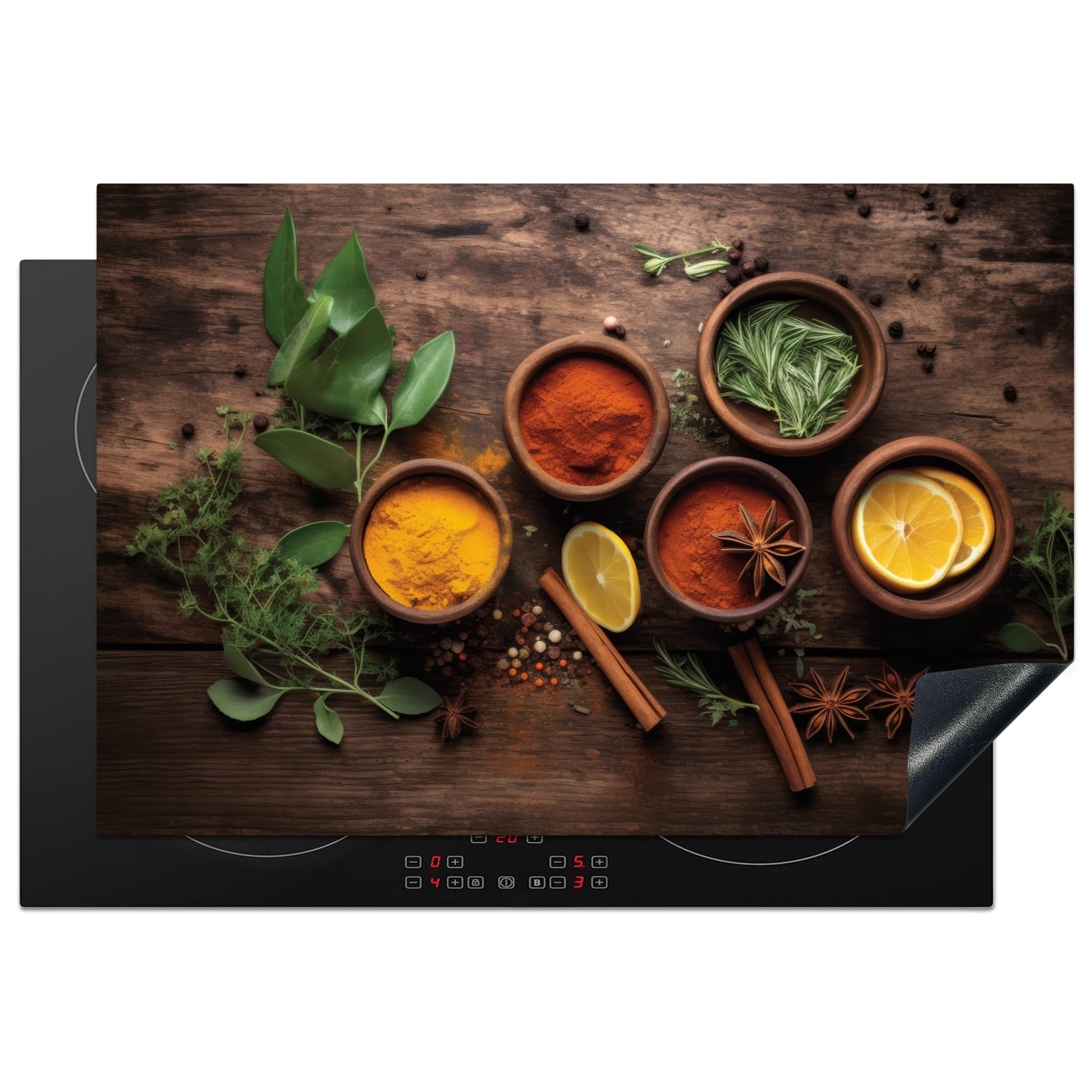 KitchenYeah© Induction Hob Cover Protector Mat 20.1"x30.3" / 77x51 cm Kitchen Universal Ceramic Covers for Electric Cookers Vinyl Fruit - Spices - Herbs - Cinnamon - Wood Print — image 1