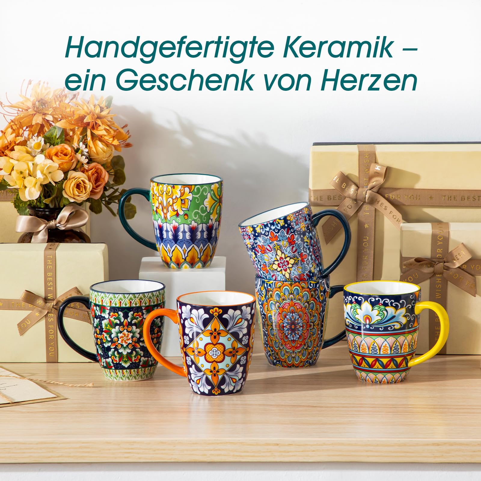vancasso Kaffeetassen Set 6er, SIMI Tassen Set mit Henkel, 360ML Kaffeebecher Porzellan, Böhmisches Teetassen, kaffeeservice 6 personen