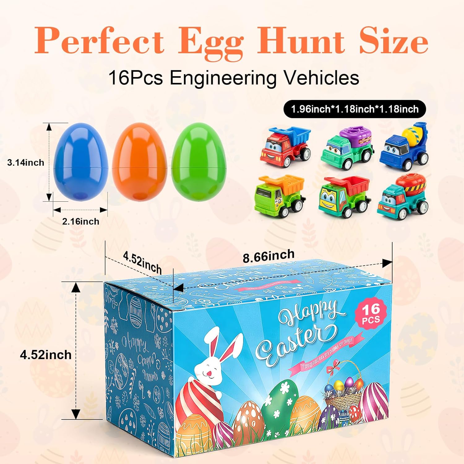 Easter Eggs with Toy Cars Inside - 16 Pcs Easter Eggs Filled with Construction Vehicles, Easter Basket Stuffers & Party Favors for Kids Boys Girls Toddlers Age 3+ Years Old