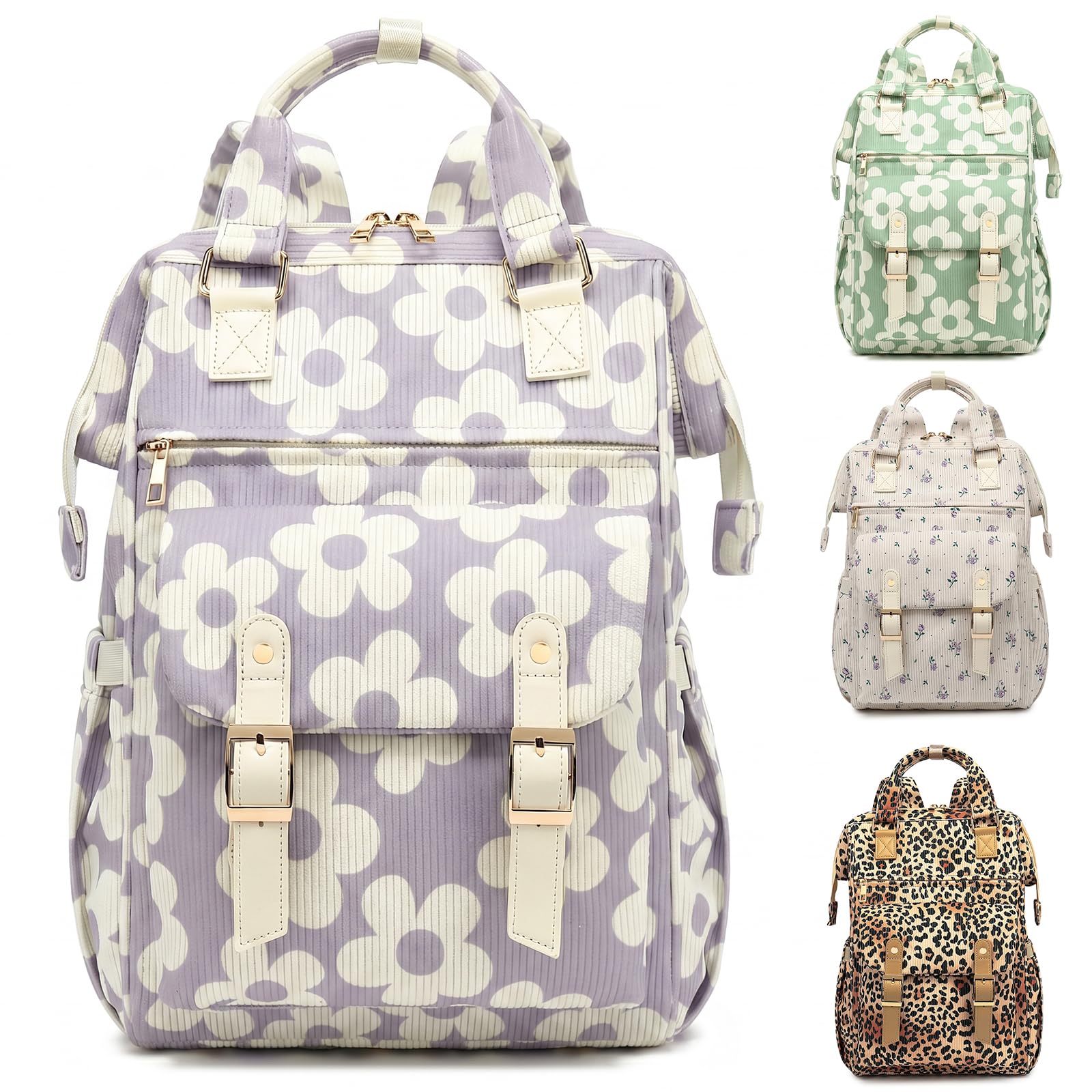 Corduroy Laptop Backpack for Women 15.6 Inch Stylish College School Bookbag, Business Work &amp; Travel Computer Backpacks (Large Floral Purple)