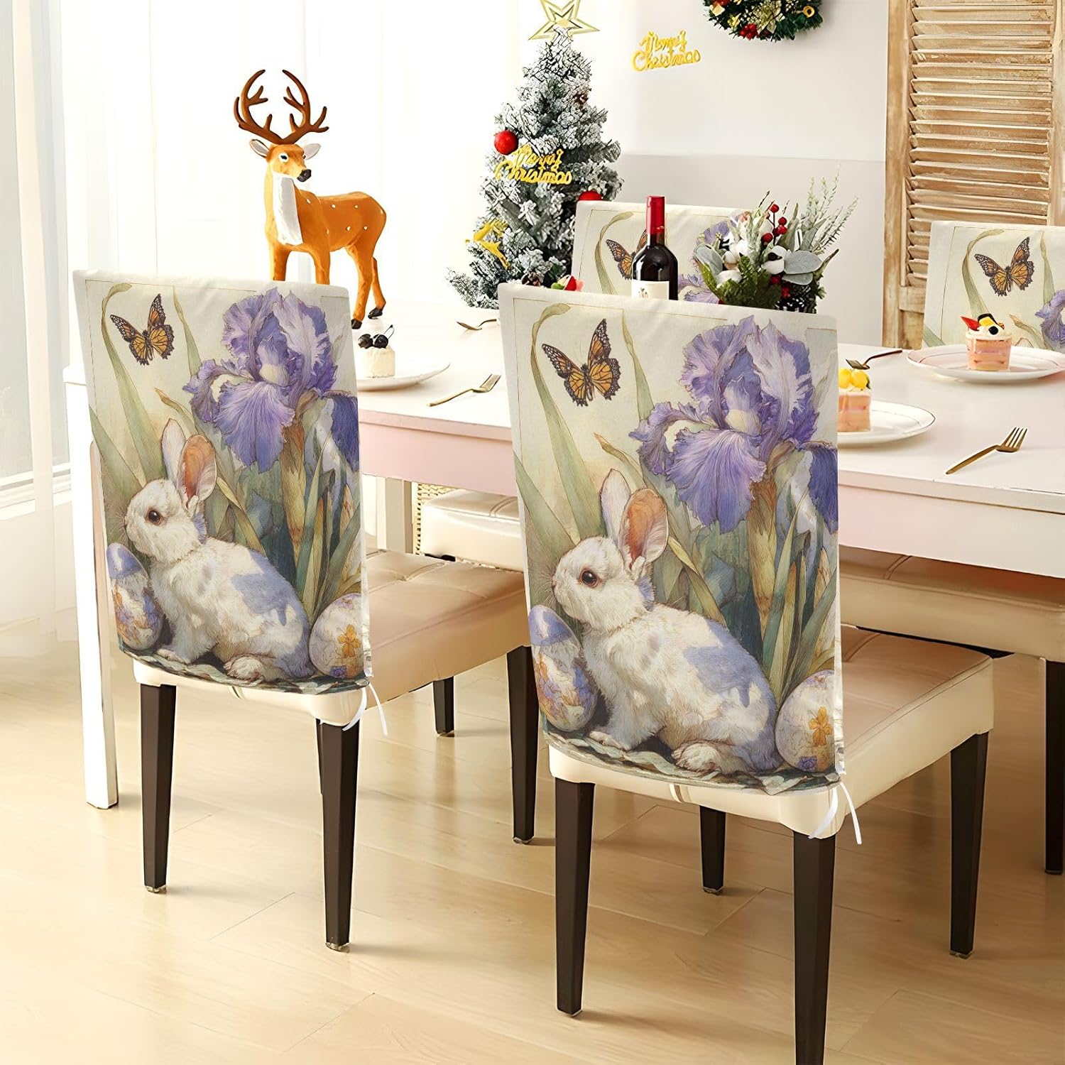 ALAZA Easter Eggs Rabbits Iris Flowers Butterfly Chair Back Cover Set of 6, Washable Reusable Removable Chair Slipcovers Decorative Chair Cover for Home Kitchen Wedding Party