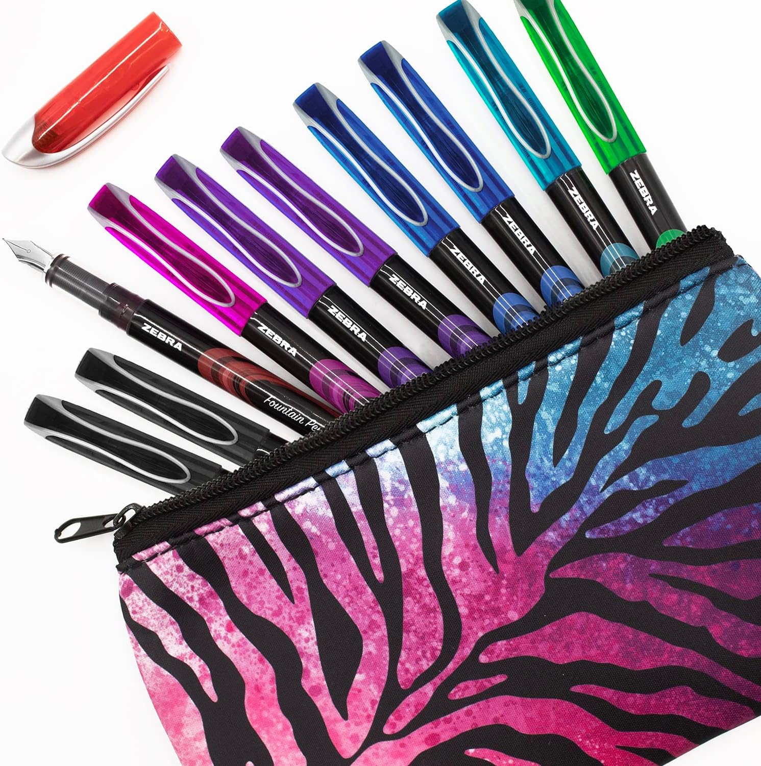 ZEBRAFuente - Disposable Fountain Pen - Coloured Ink - Pack of 10 - Includes Pink & Blue Striped Pencil Case